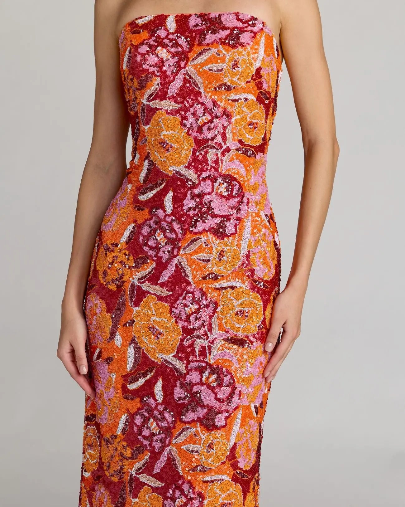 Pink and Orange Strapless Floral Sequin Midi Dress | Mac Duggal Pink and Orange Strapless Floral Sequin Midi Dress | Mac Duggal