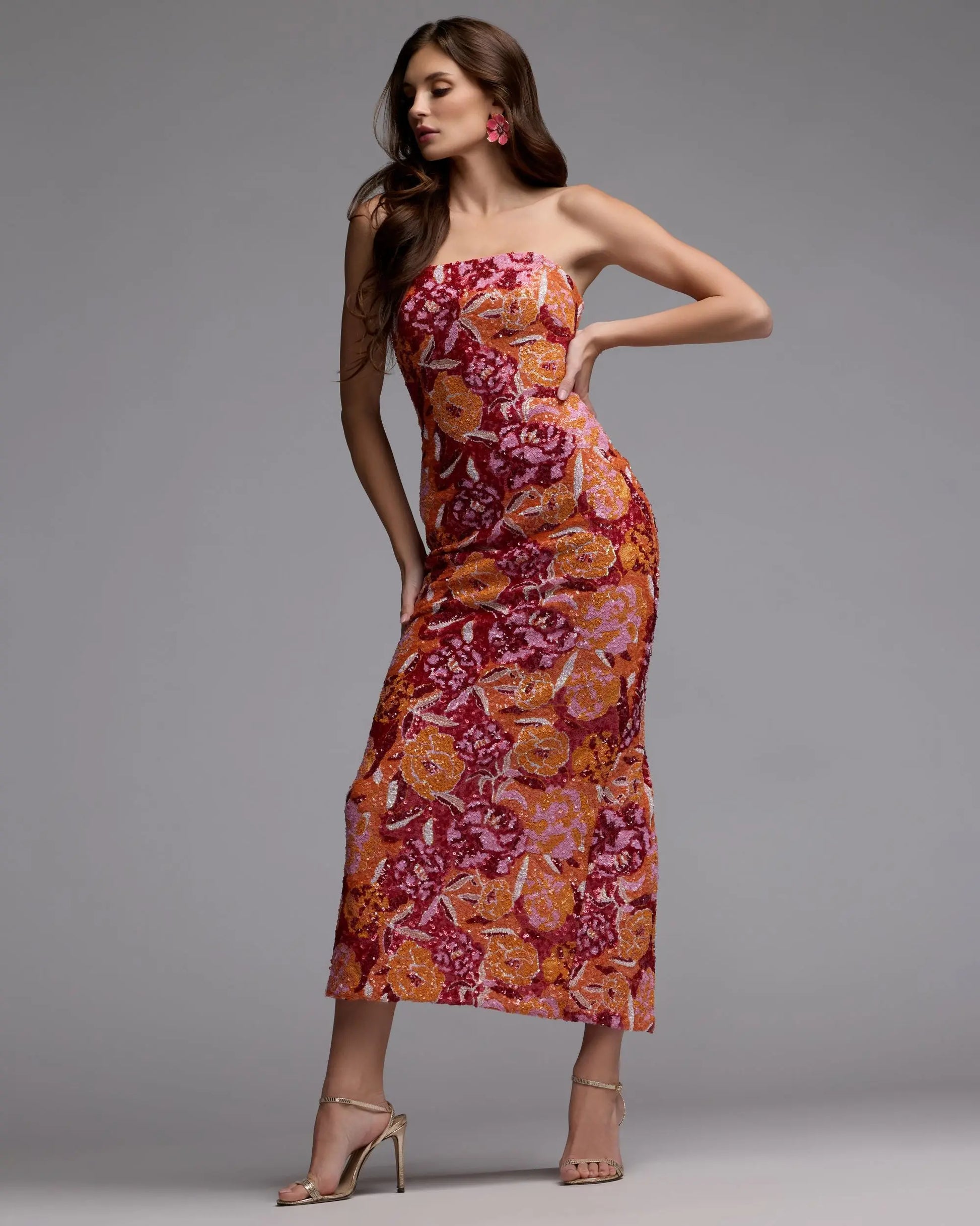 Pink and Orange Strapless Floral Sequin Midi Dress | Mac Duggal Pink and Orange Strapless Floral Sequin Midi Dress | Mac Duggal
