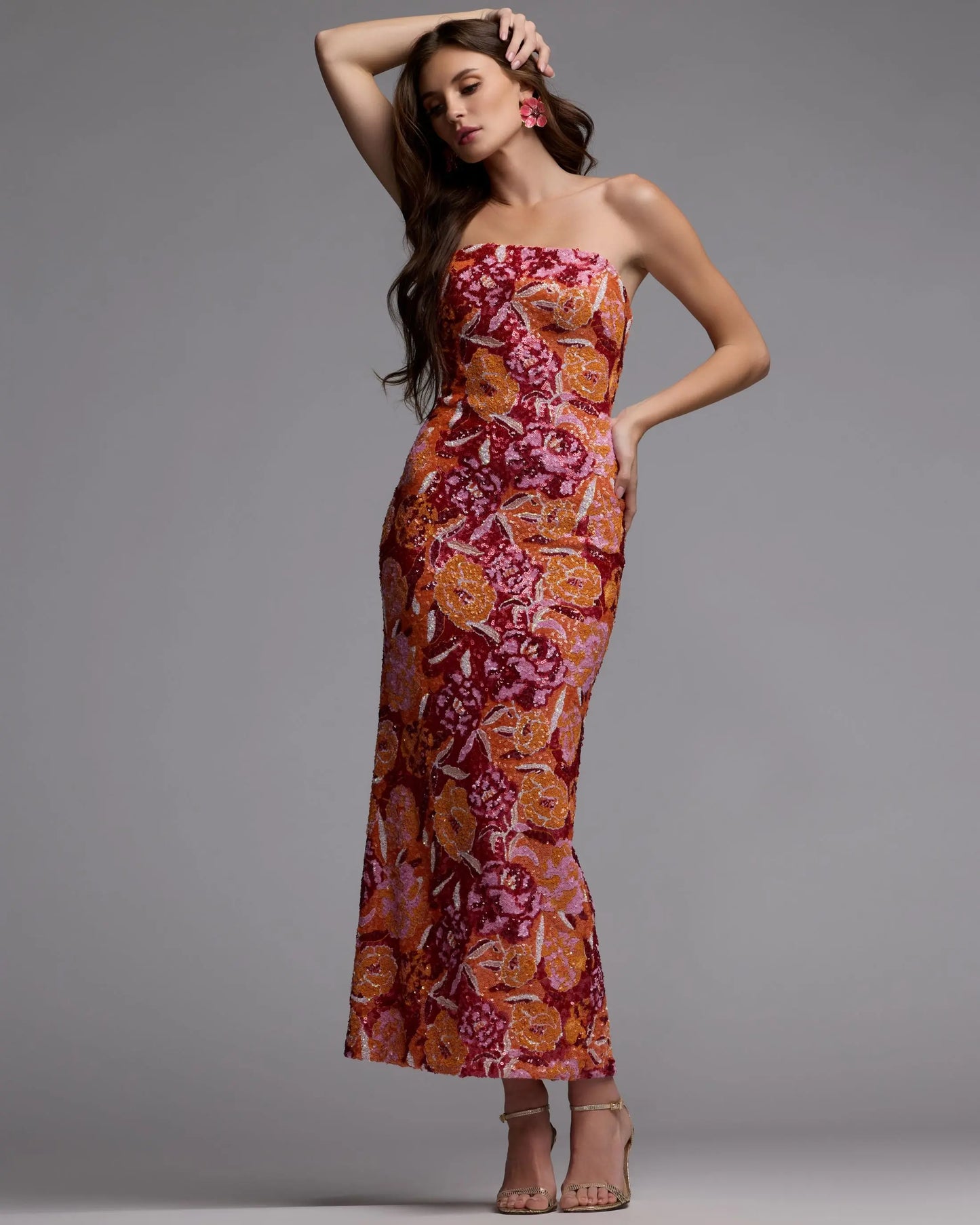 Pink and Orange Strapless Floral Sequin Midi Dress Ieena for Mac Duggal