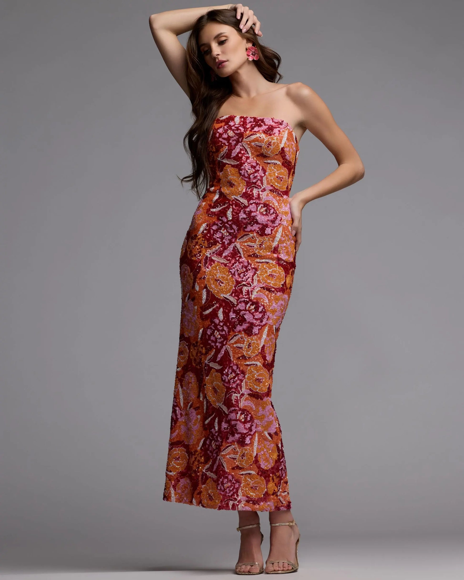 Pink and Orange Strapless Floral Sequin Midi Dress Ieena for Mac Duggal