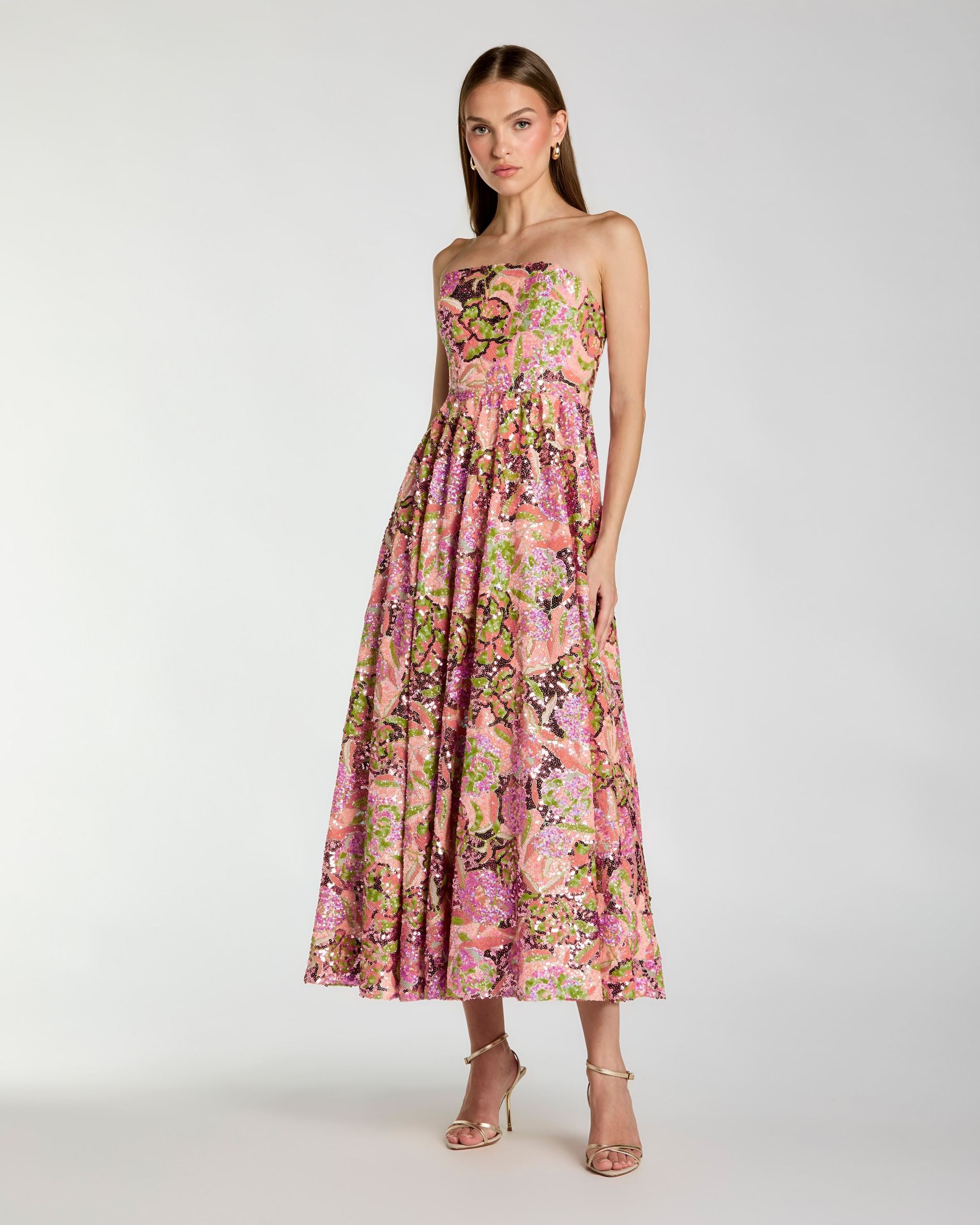 Multicolor Strapless Sequin Floral Midi Dress Ieena for Mac Duggal