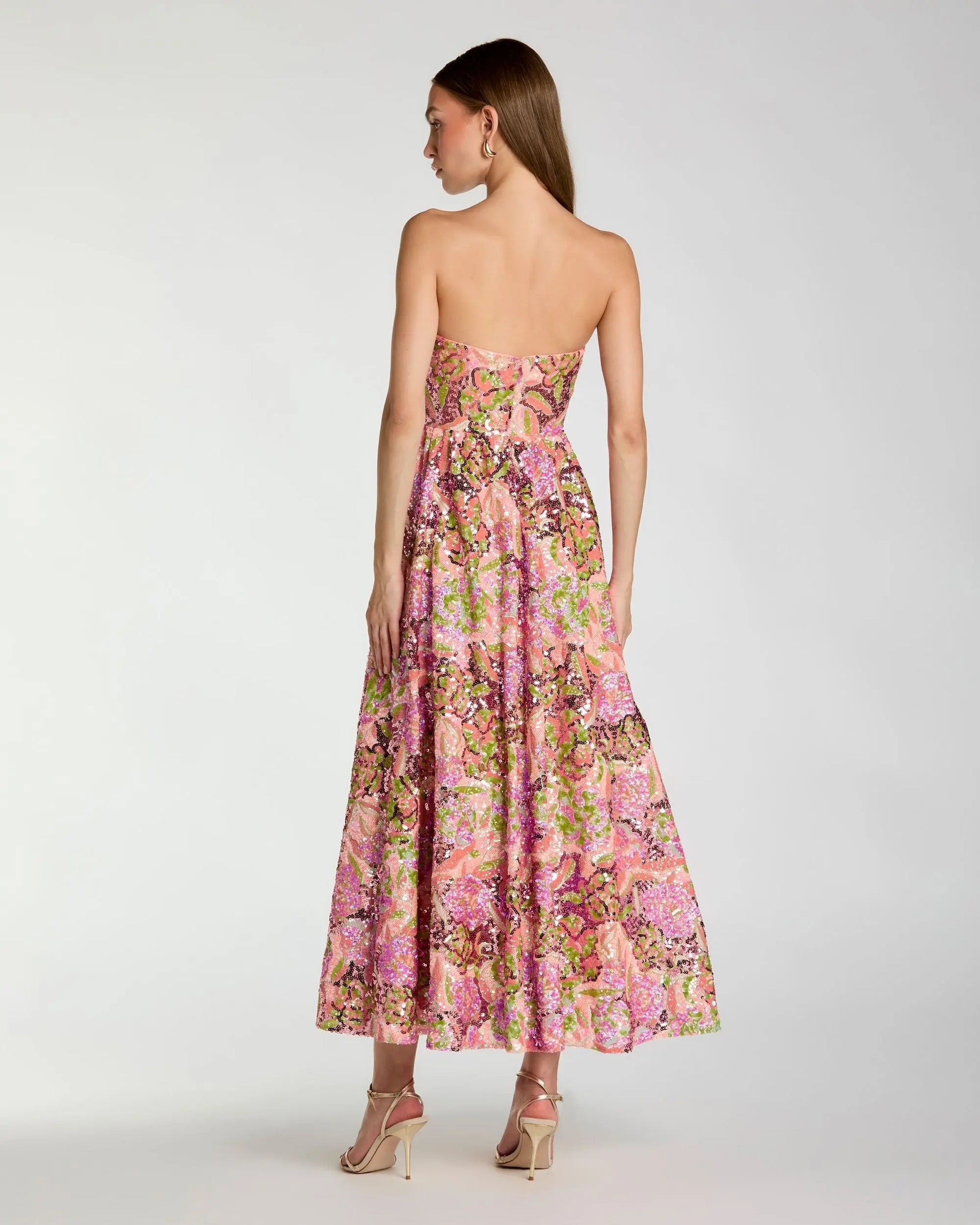 Multicolor Strapless Sequin Floral Midi Dress | Mac Duggal Multicolor Strapless Sequin Floral Midi Dress | Mac Duggal