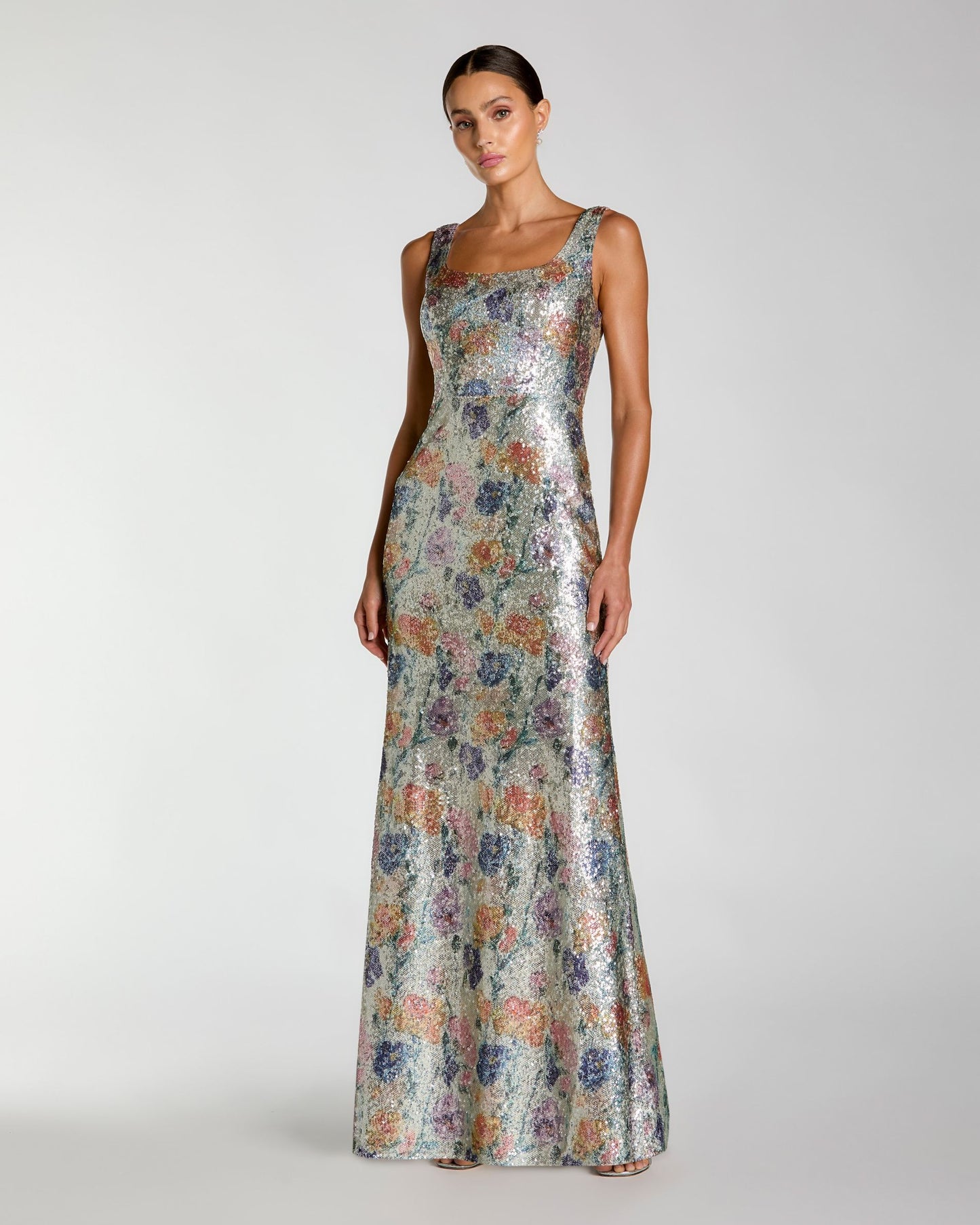 Silver Floral Sequin Sleeveless Square Neck Fitted Gown Mac Duggal