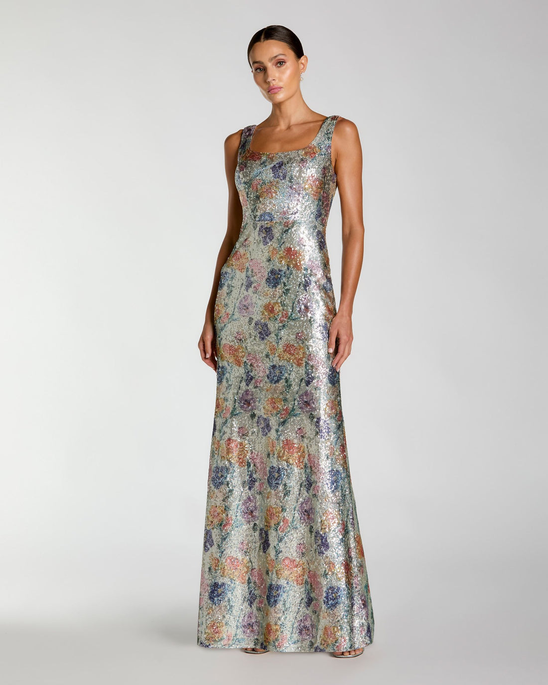 Silver Floral Sequin Sleeveless Square Neck Fitted Gown Mac Duggal