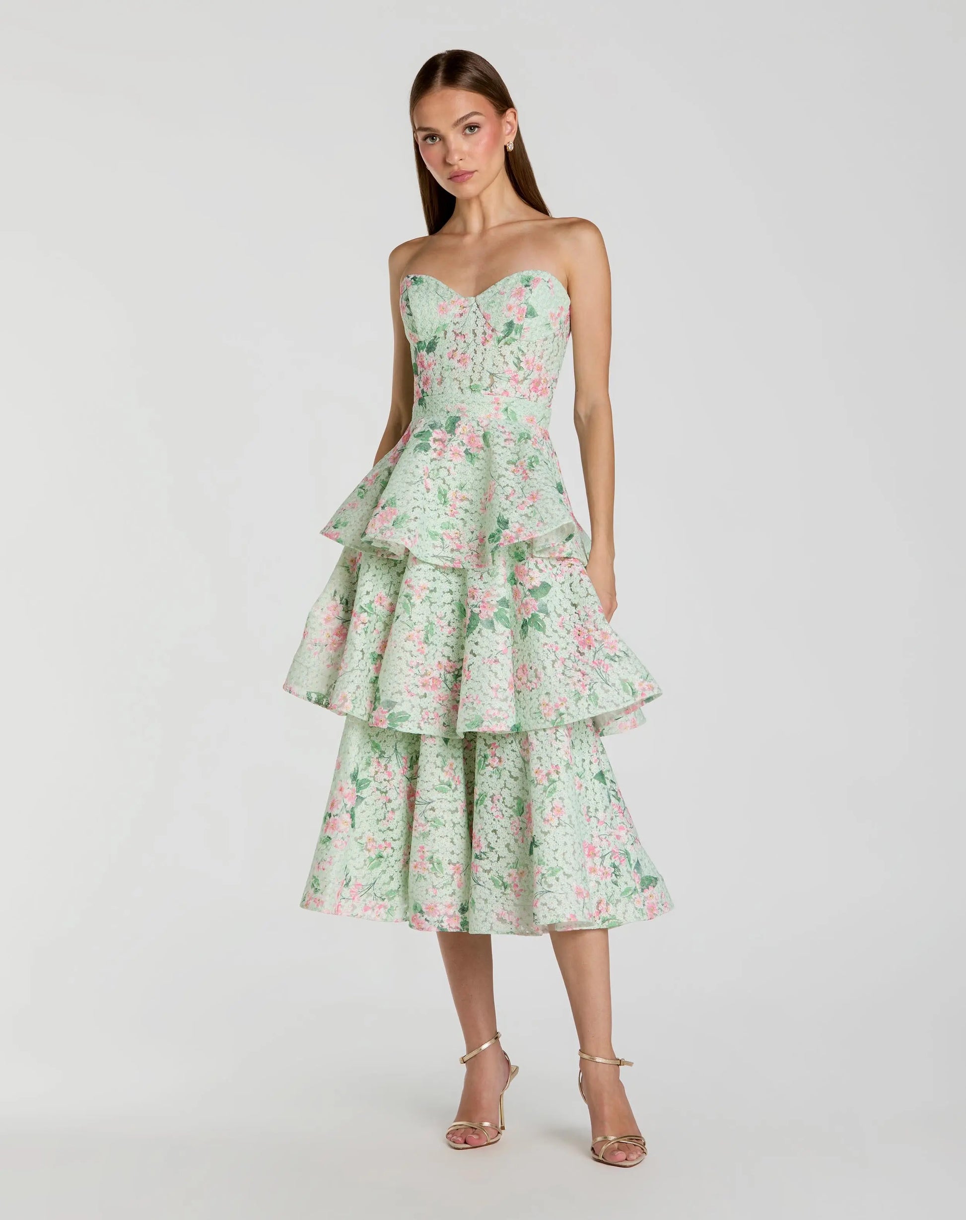 Green Floral Tiered Strapless Midi Dress | Mac Duggal Green Floral Tiered Strapless Midi Dress | Mac Duggal