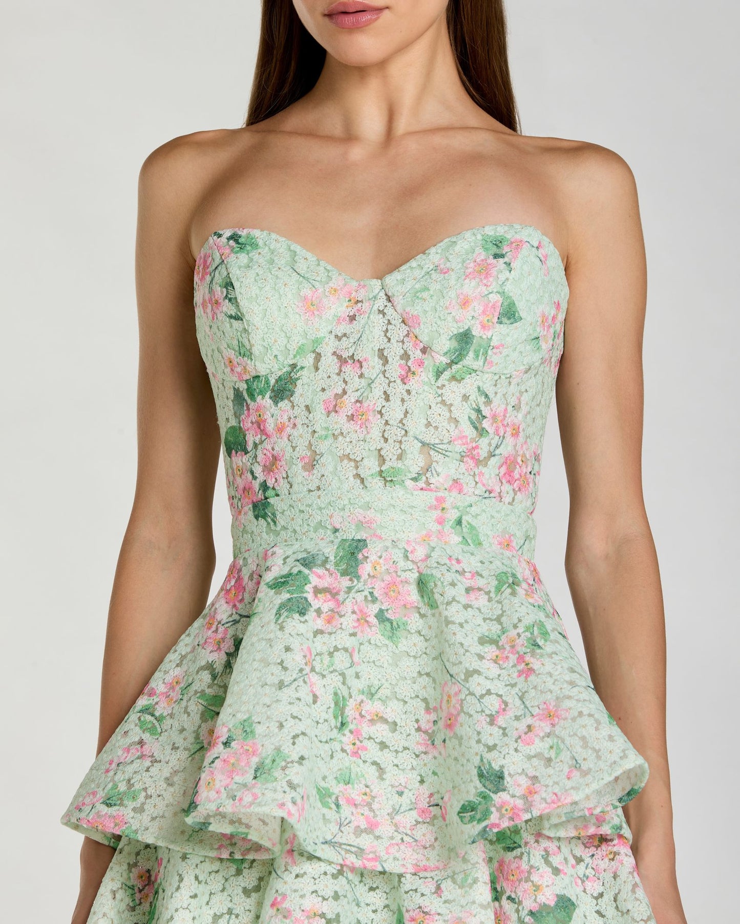 Green Floral Tiered Strapless Midi Dress ieena for Mac Duggal