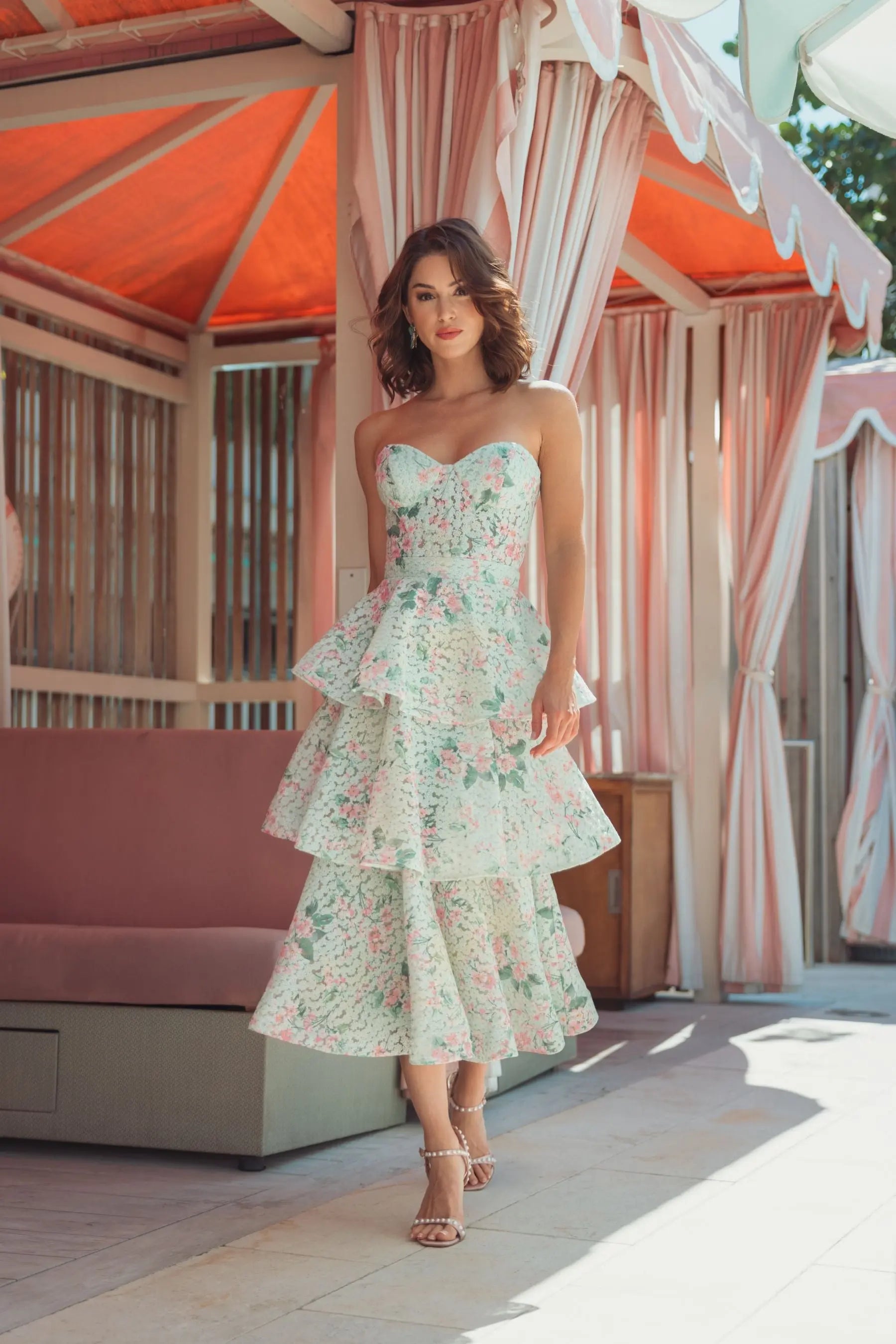 Green Floral Tiered Strapless Midi Dress Green Floral Tiered Strapless Midi Dress