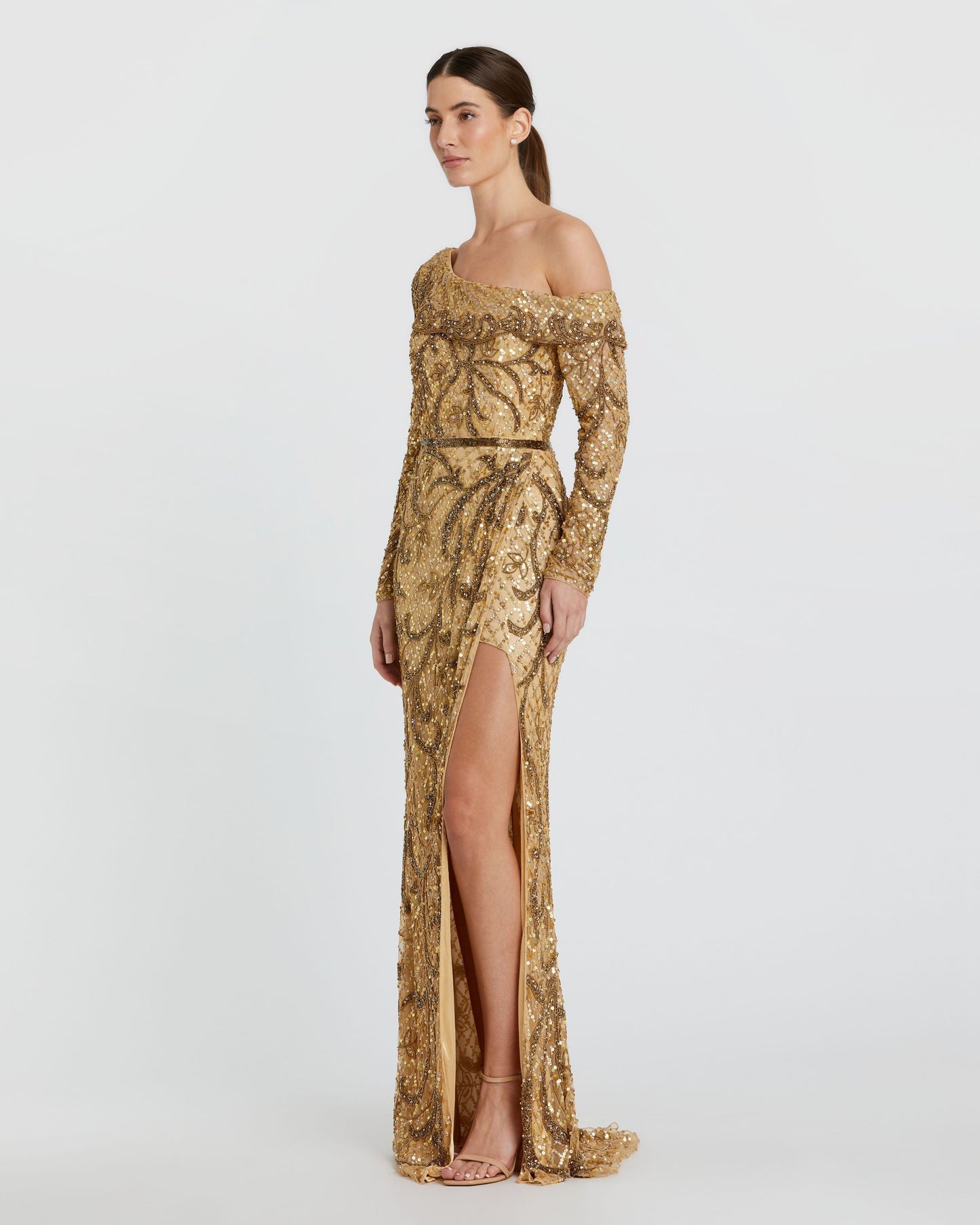 Embellished One Shoulder Long Sleeve Faux Wrap Gown