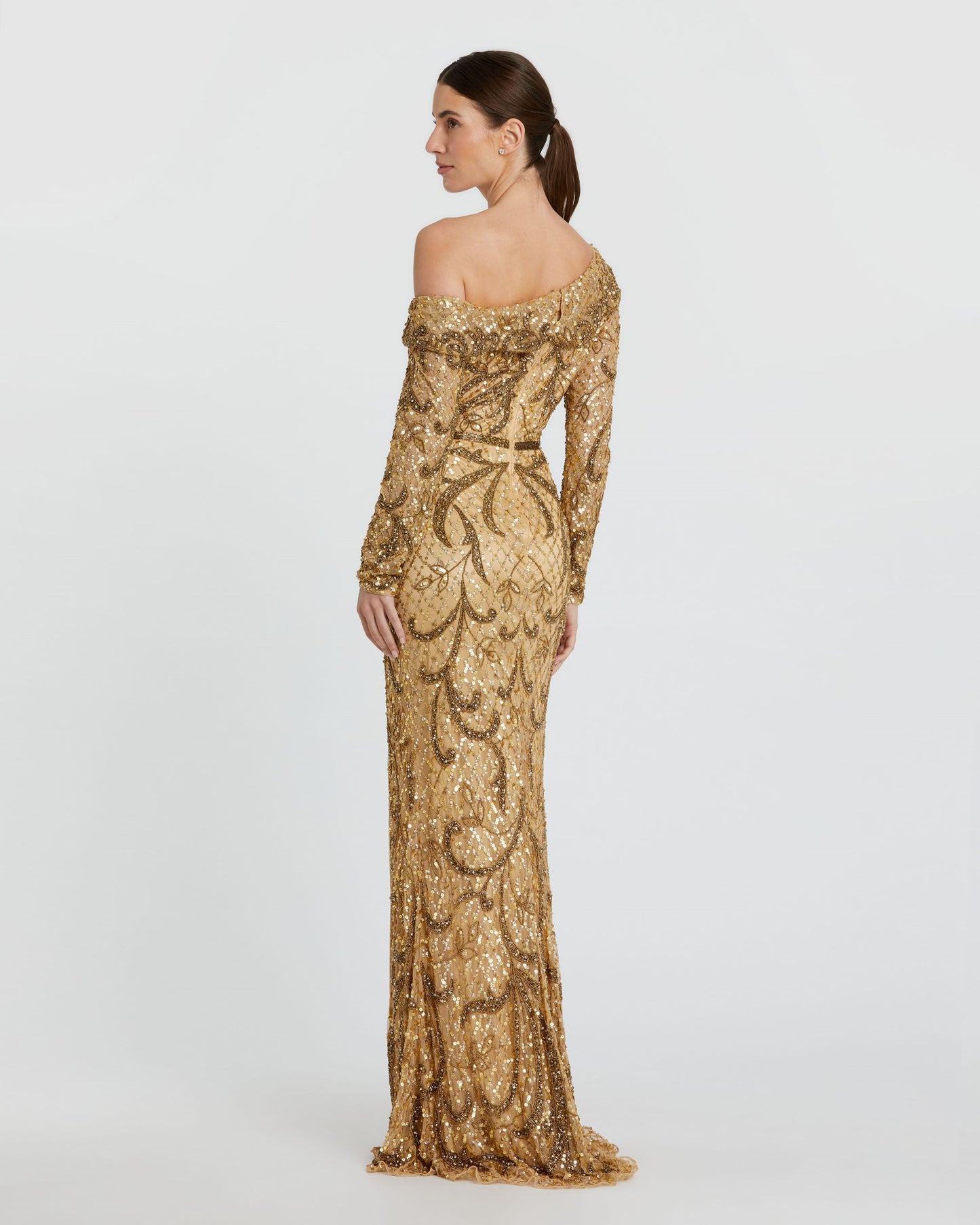 Embellished One Shoulder Long Sleeve Faux Wrap Gown