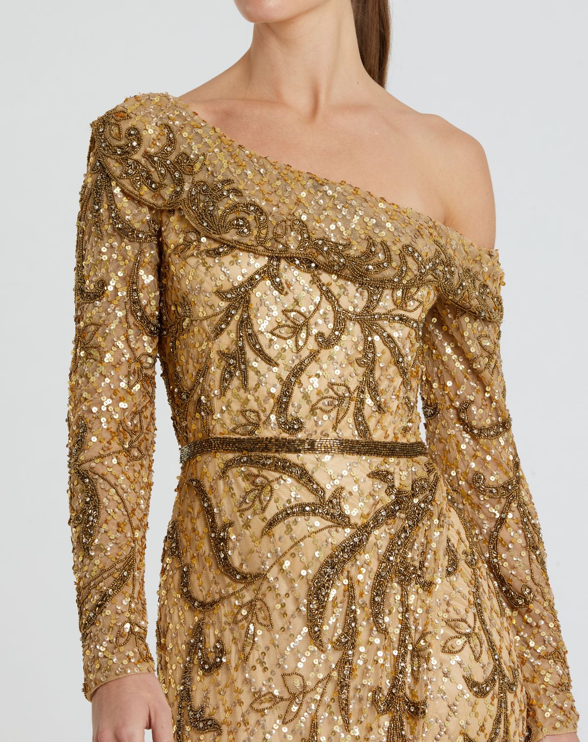 Embellished One Shoulder Long Sleeve Faux Wrap Gown