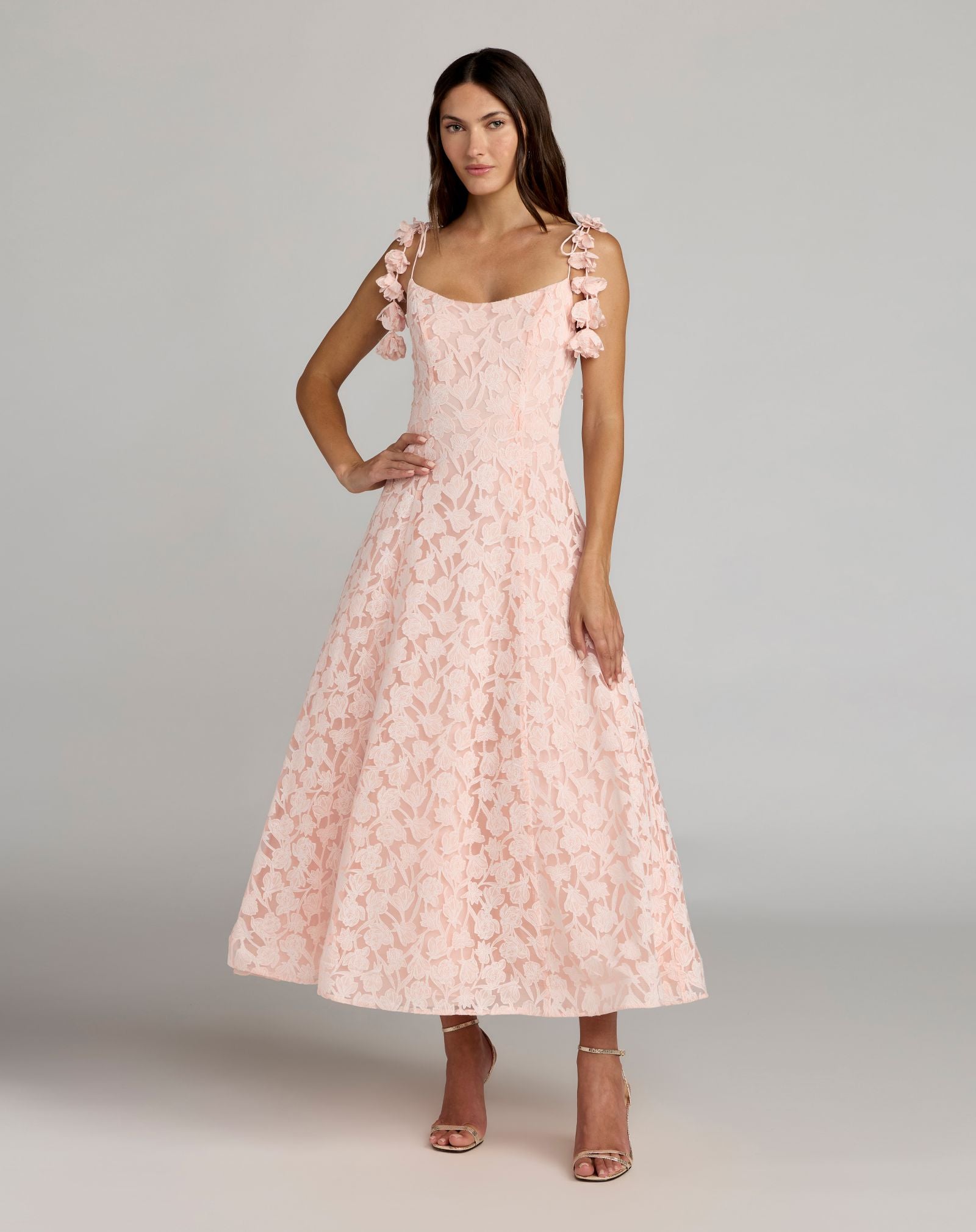 Pink Scoop Neck Floral A-Line Midi Dress - Ieena for Mac Duggal