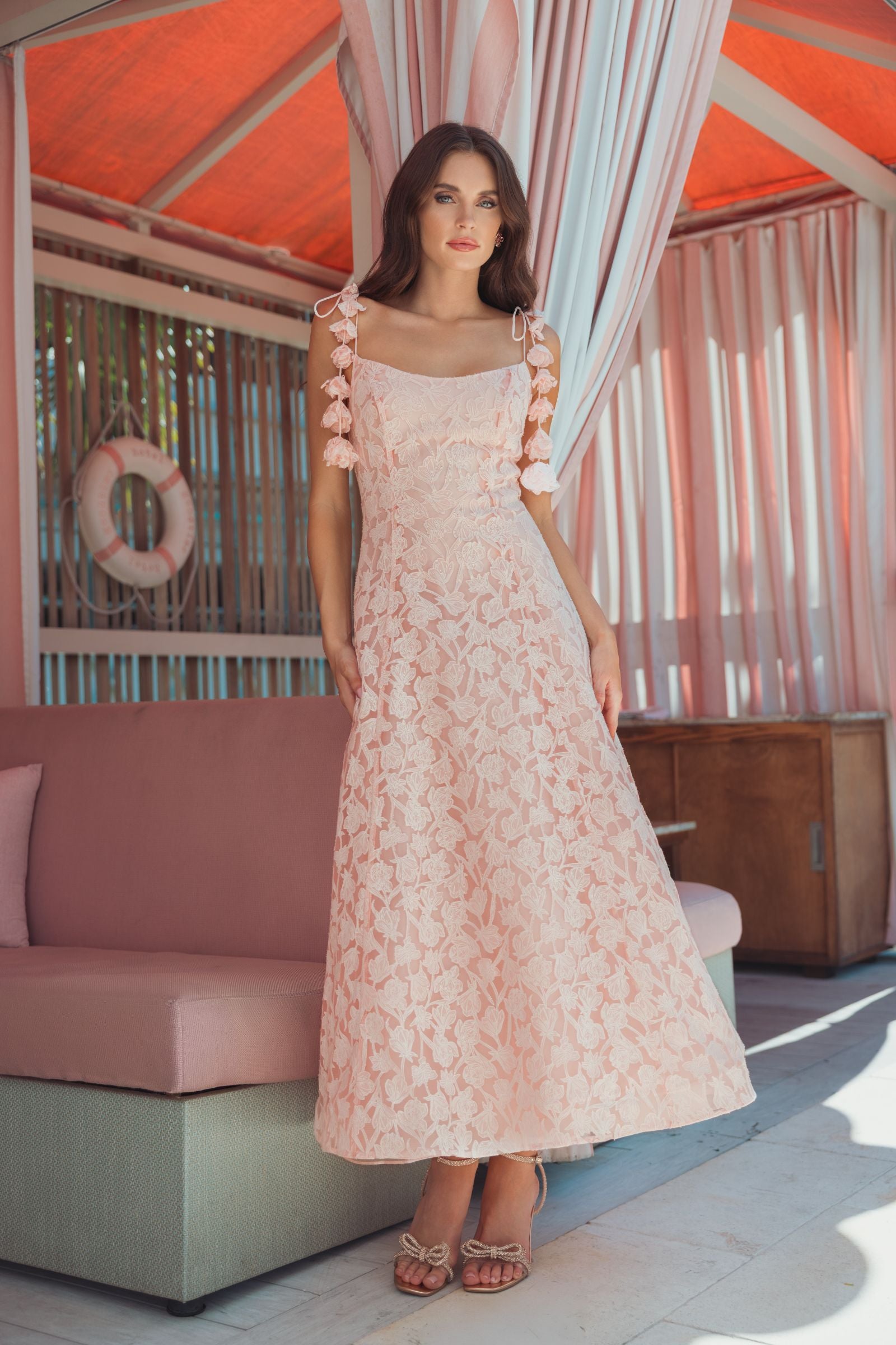 Pink Scoop Neck Floral A-Line Midi Dress - Ieena for Mac Duggal