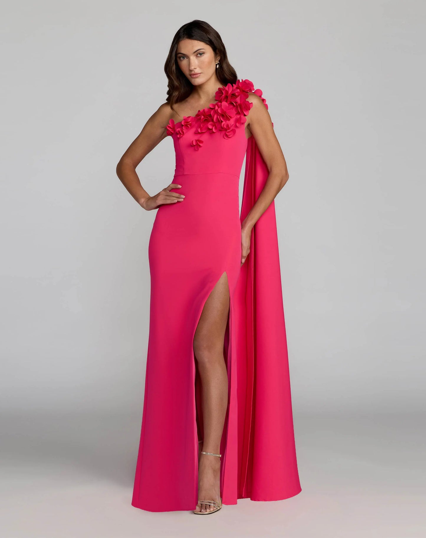 Pink One Shoulder 3D Floral Cape Gown Ieena for Mac Duggal