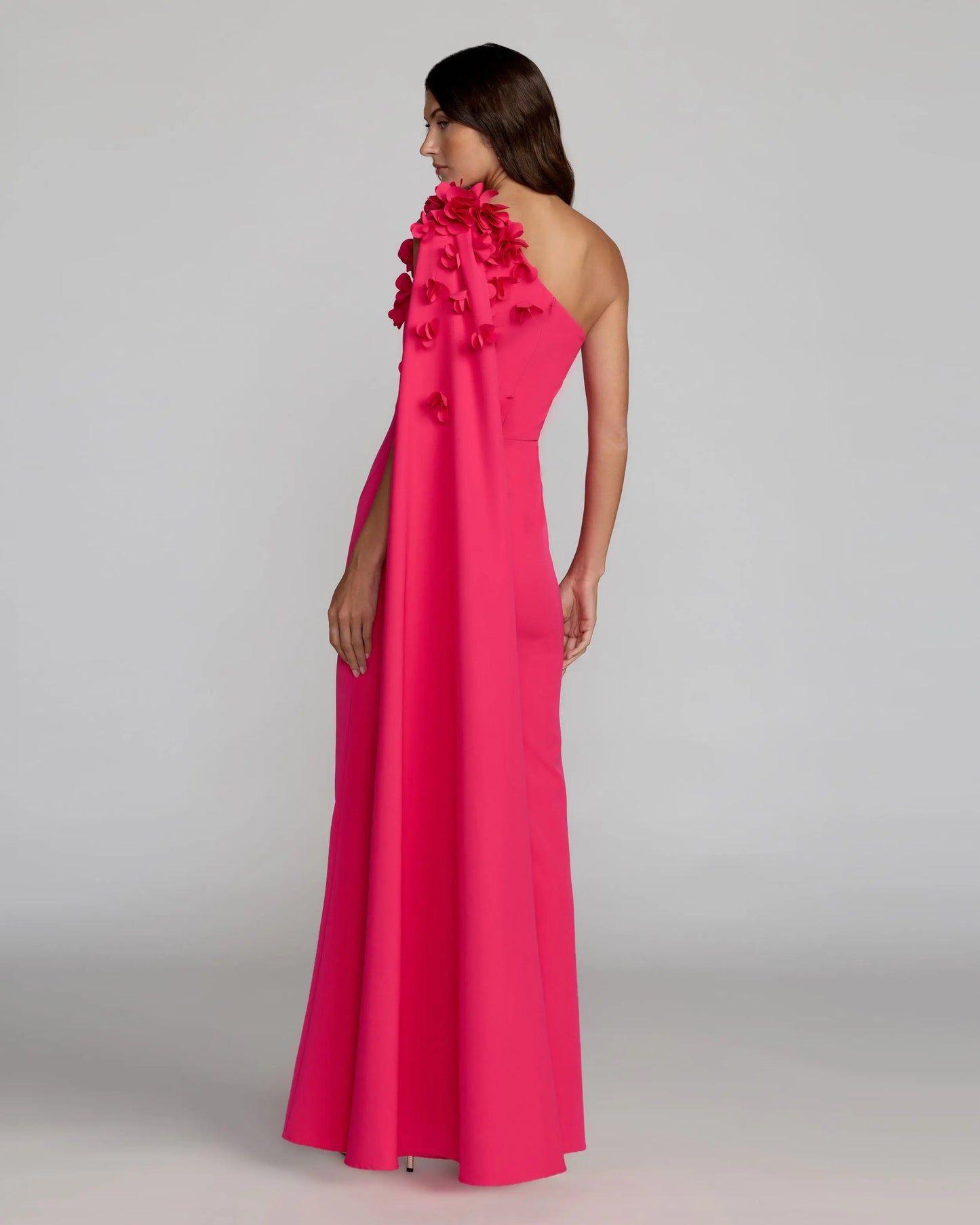 Pink One Shoulder 3D Floral Cape Gown Ieena for Mac Duggal