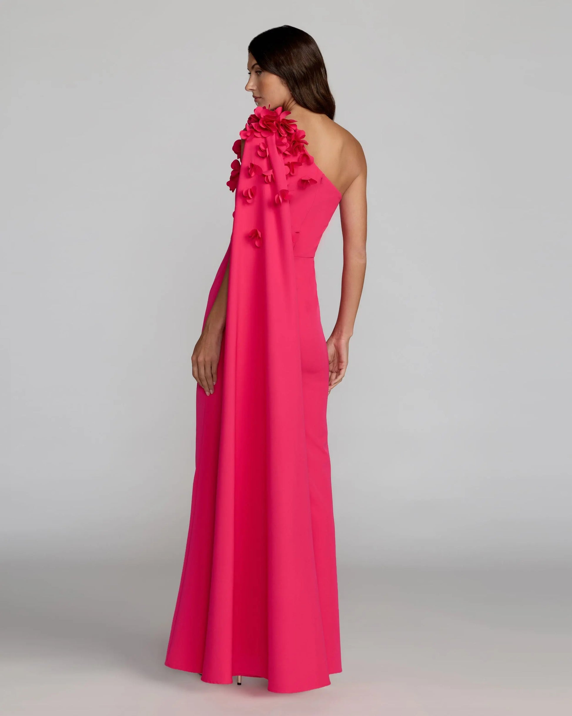 Pink One Shoulder 3D Floral Cape Gown Ieena for Mac Duggal