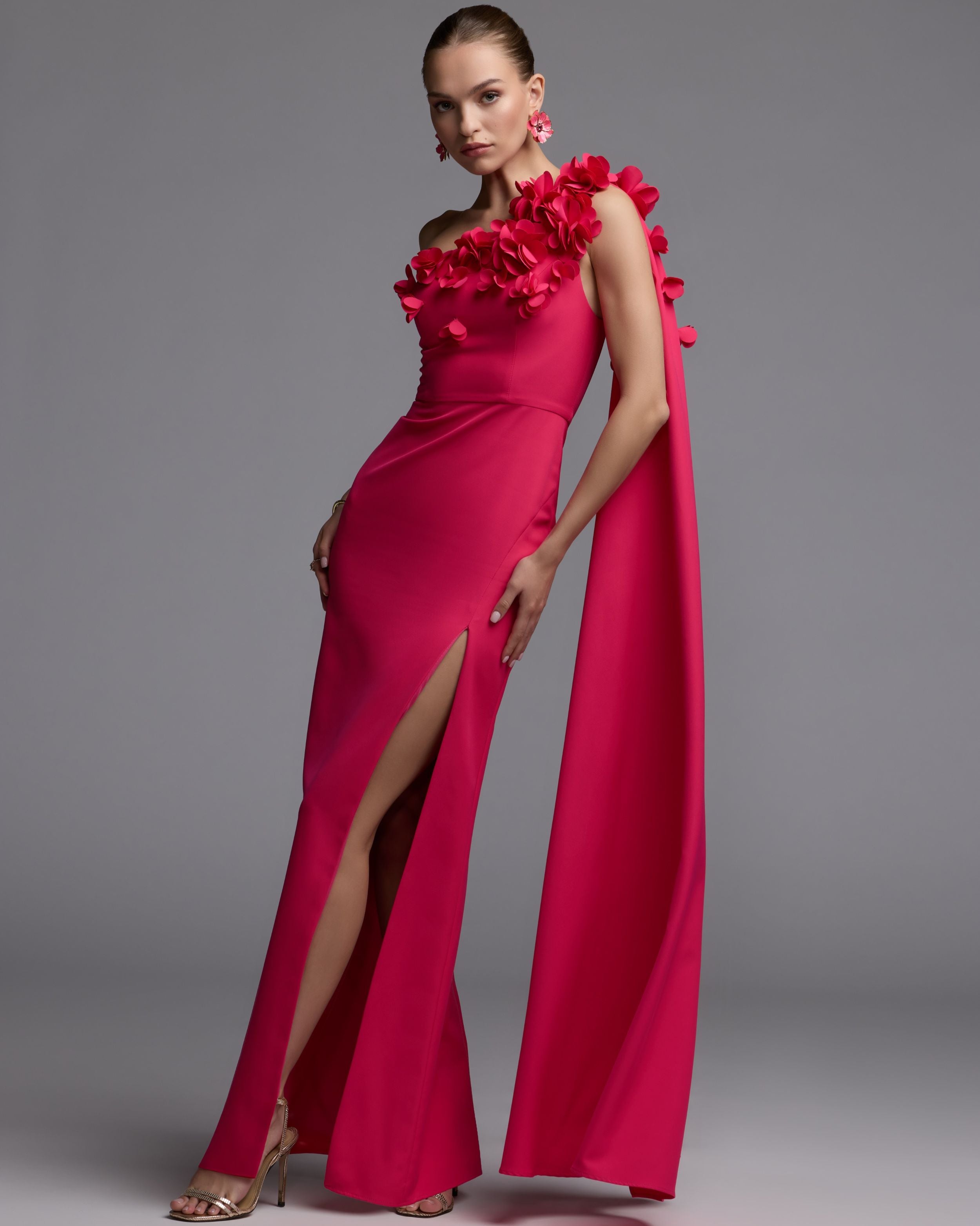 Pink One Shoulder 3D Floral Cape Gown Ieena for Mac Duggal