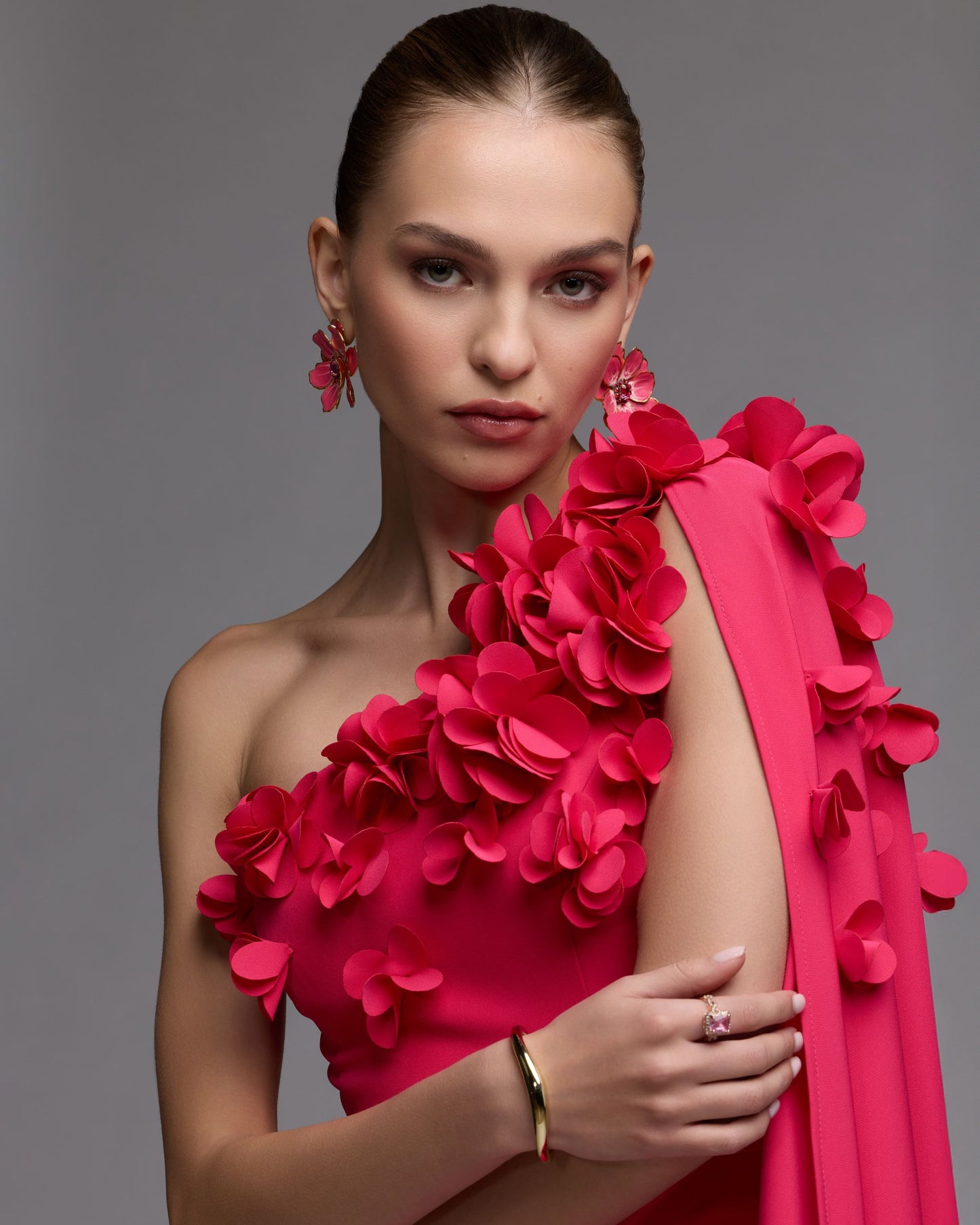 Pink One Shoulder 3D Floral Cape Gown Ieena for Mac Duggal