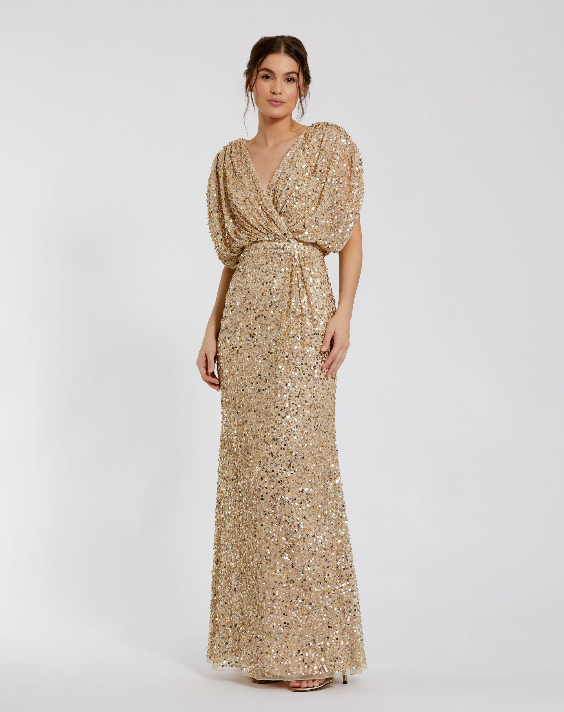 Draped Sleeve V Neck Gown