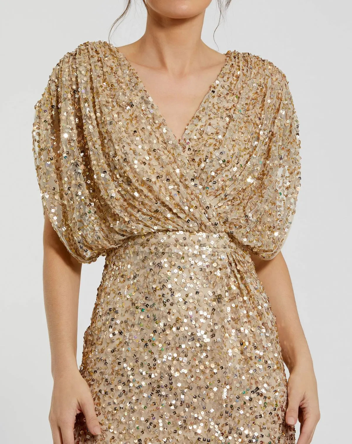 Gold Sequin Draped Sleeve V-Neck Gown Gold Sequin Draped Sleeve V-Neck Gown