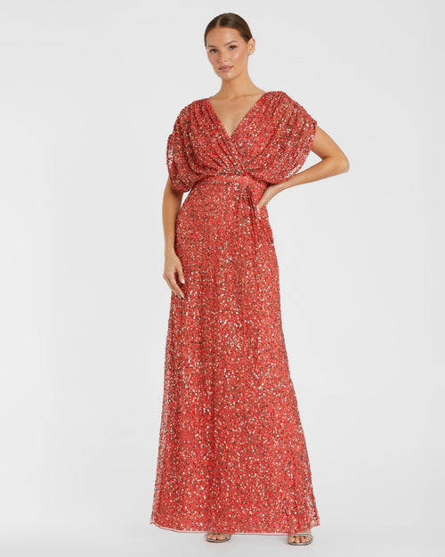 Red Draped Sleeve V Neck Gown