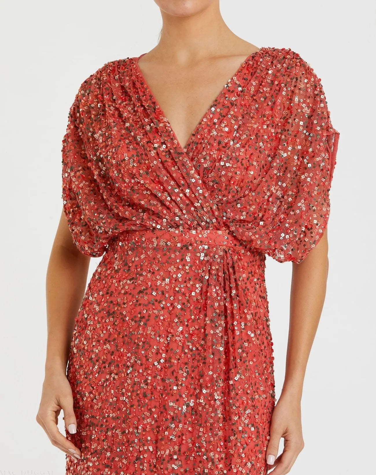 Red Draped Sleeve V Neck Gown - Mac Duggal