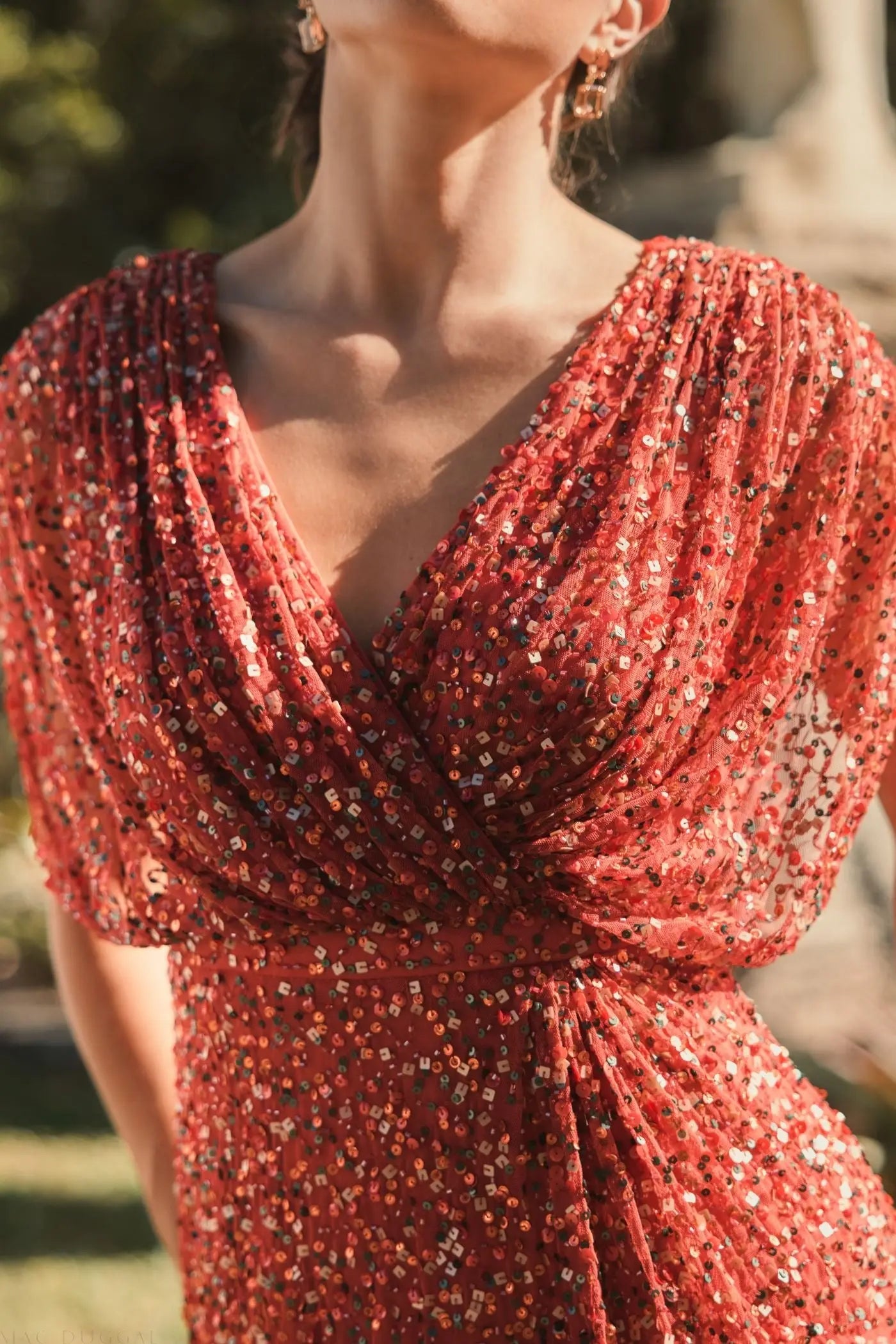 Red Draped Sleeve V Neck Gown - Mac Duggal