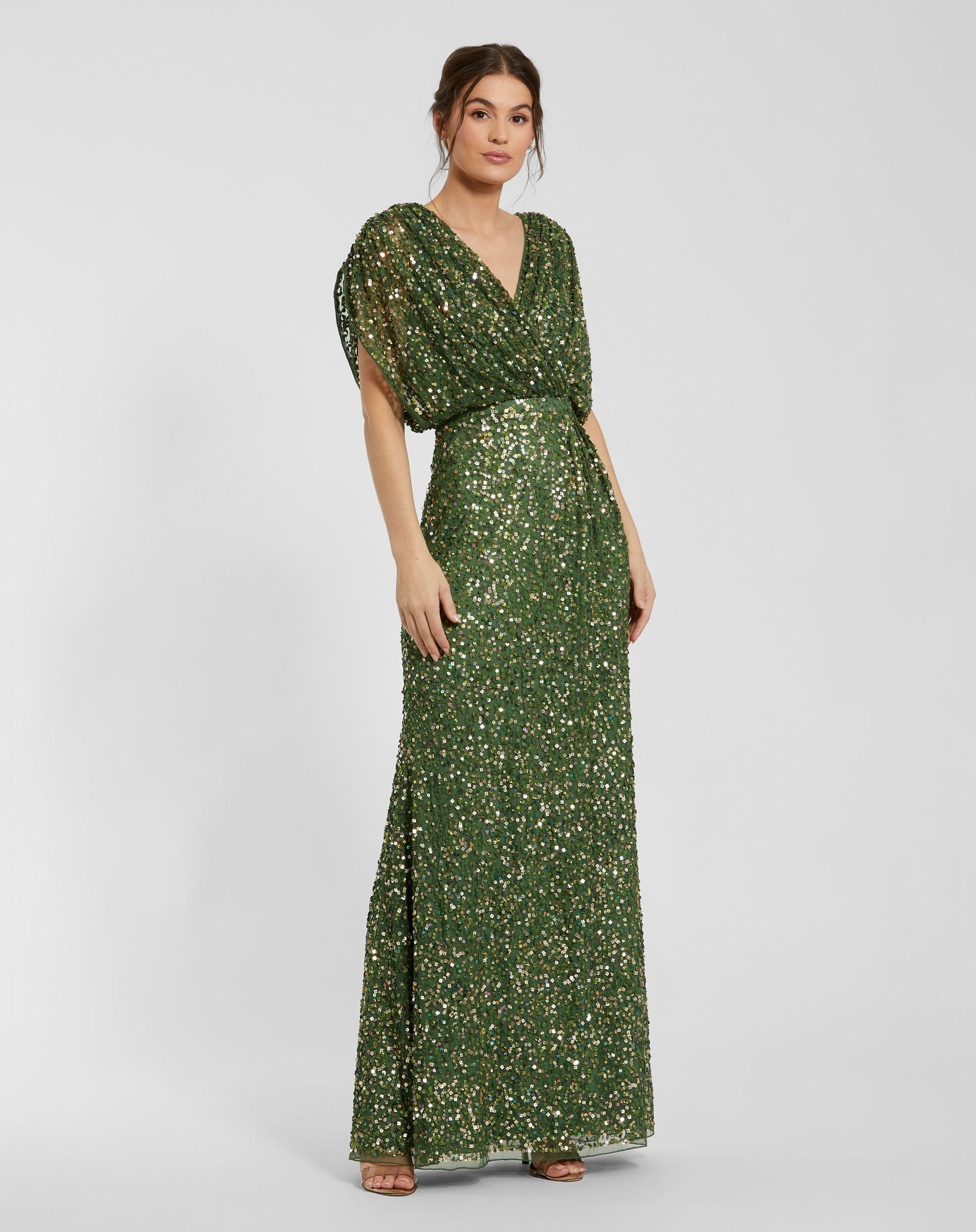 Dark Green Sequin Draped Sleeve V-Neck Gown - Mac Duggal