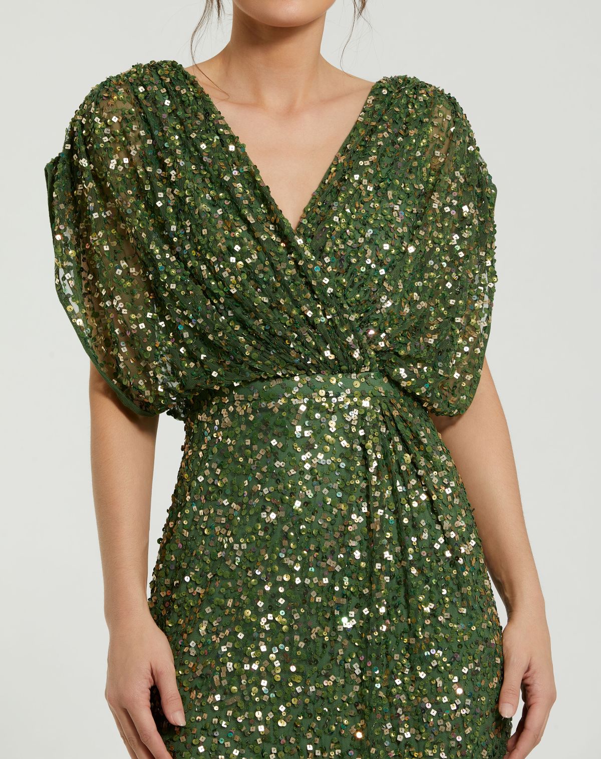 Dark Green Sequin Draped Sleeve V-Neck Gown - Mac Duggal