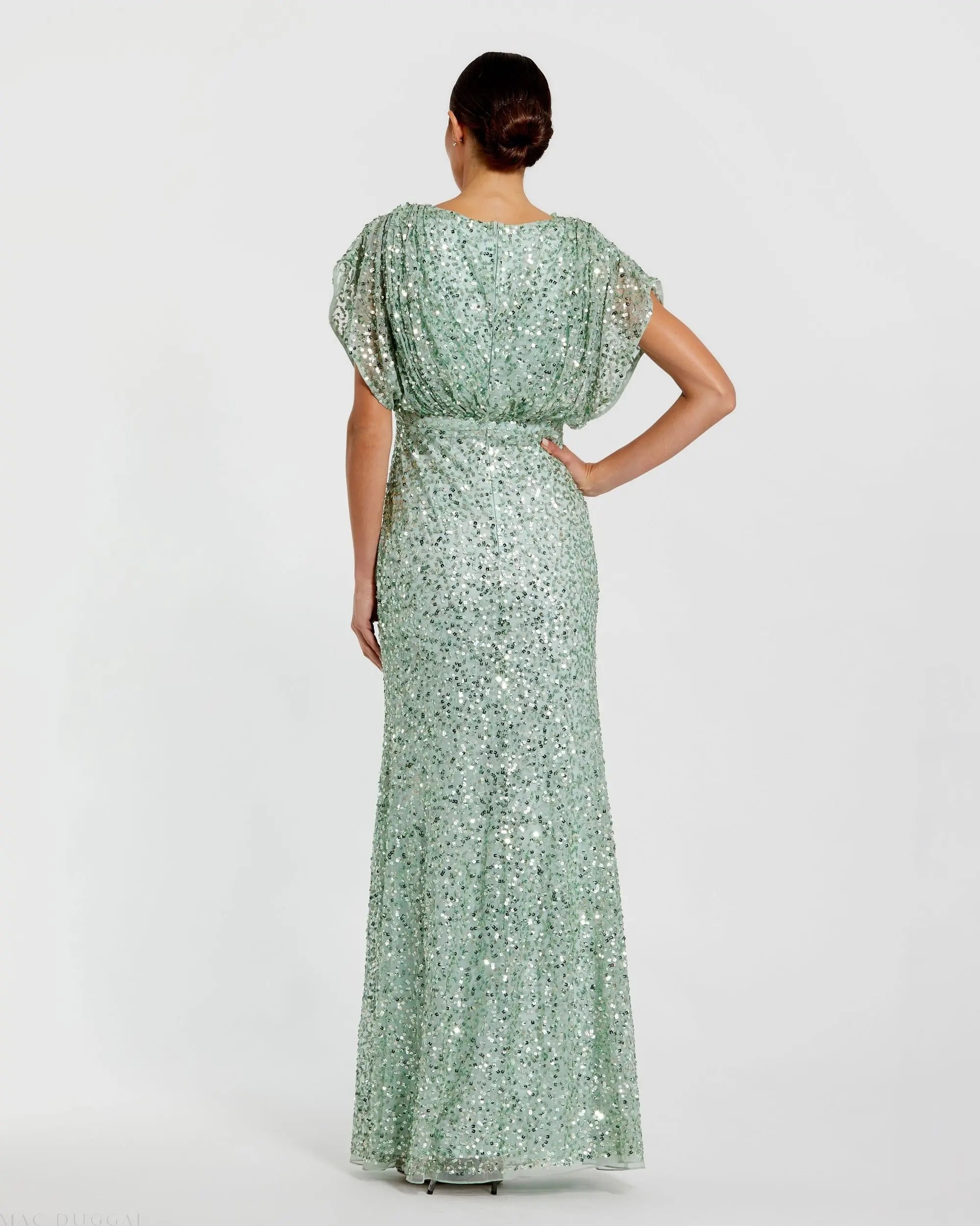 Green Draped Sleeve V Neck Gown Mac Duggal
