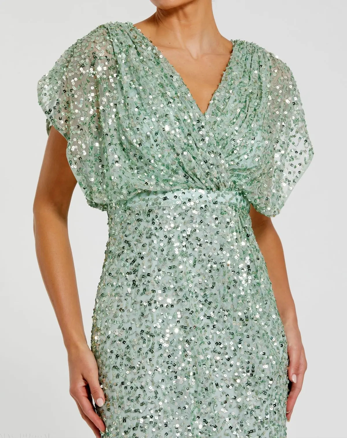 Green Draped Sleeve V Neck Gown - Mac Duggal