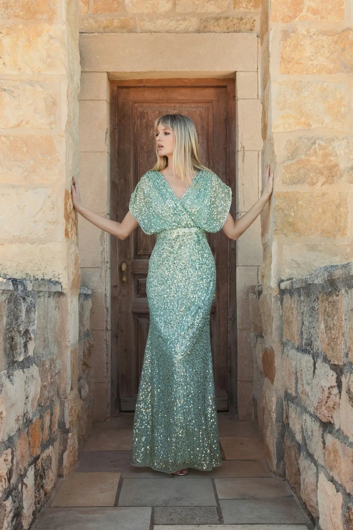 Green Sequin Draped Sleeve V-Neck Gown | Mac Duggal Green Sequin Draped Sleeve V-Neck Gown | Mac Duggal