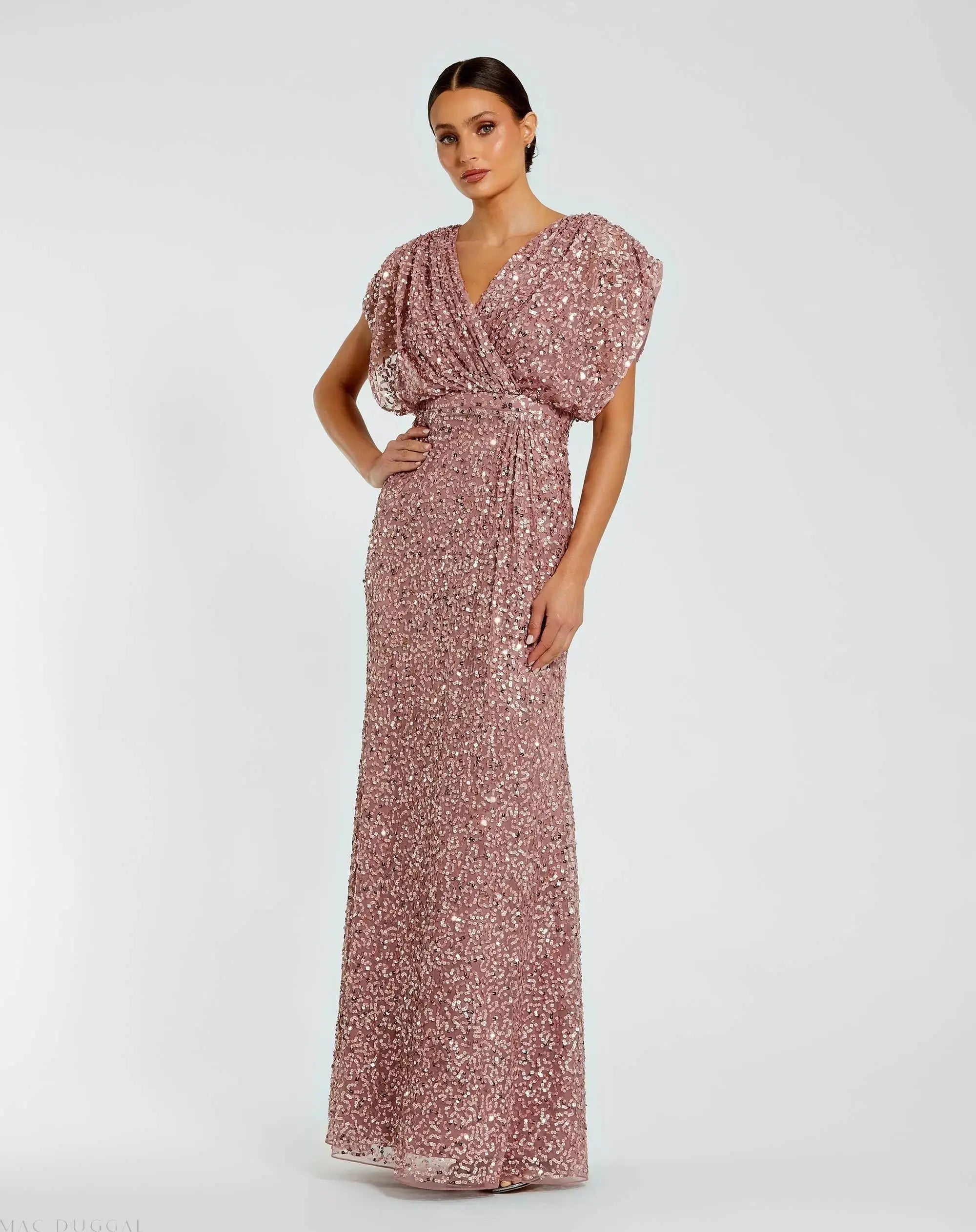 Purple Draped Sleeve V Neck Gown - Mac Duggal