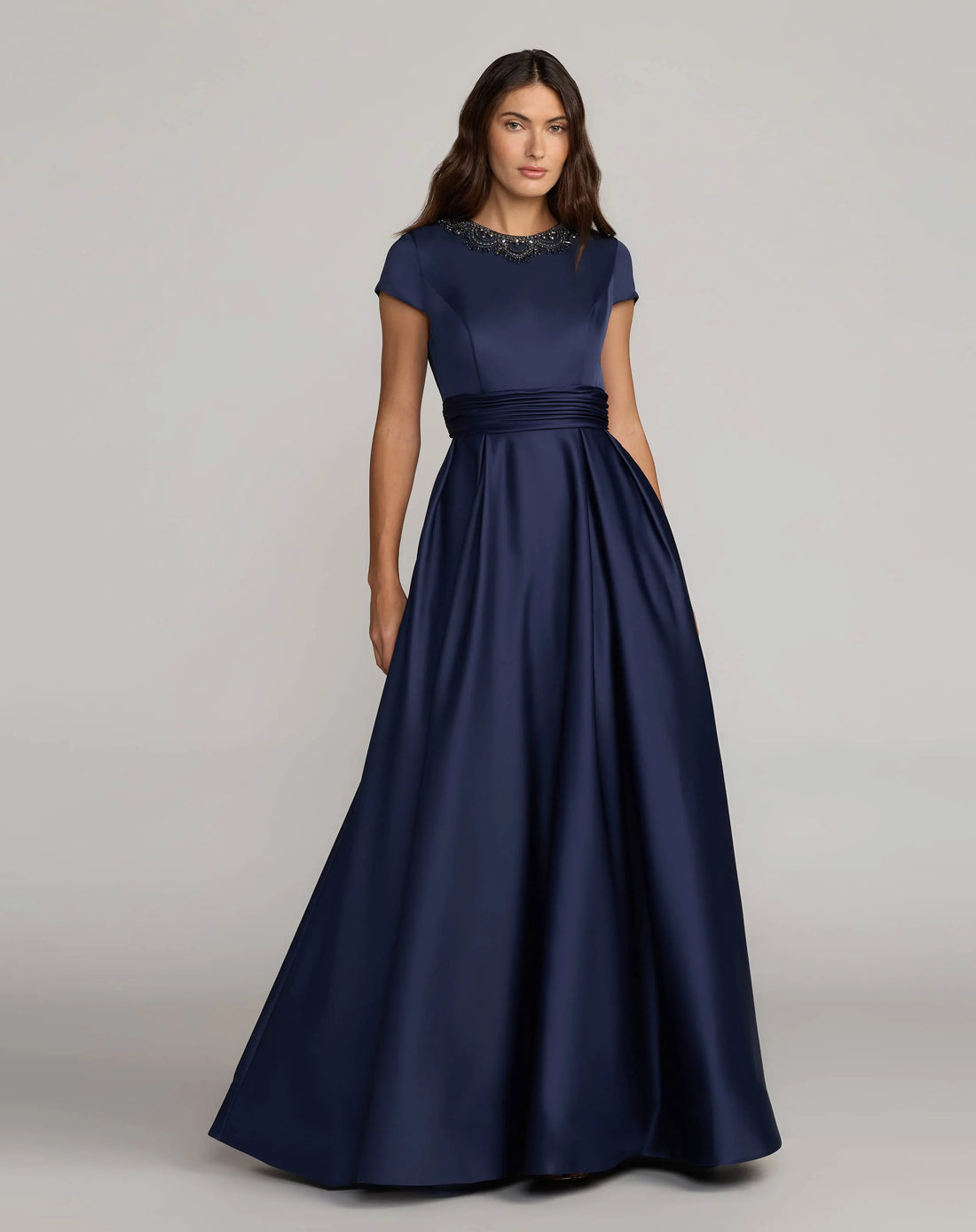 Navy Embellished Satin Cap Sleeve Ball Gown Ieena for Mac Duggal
