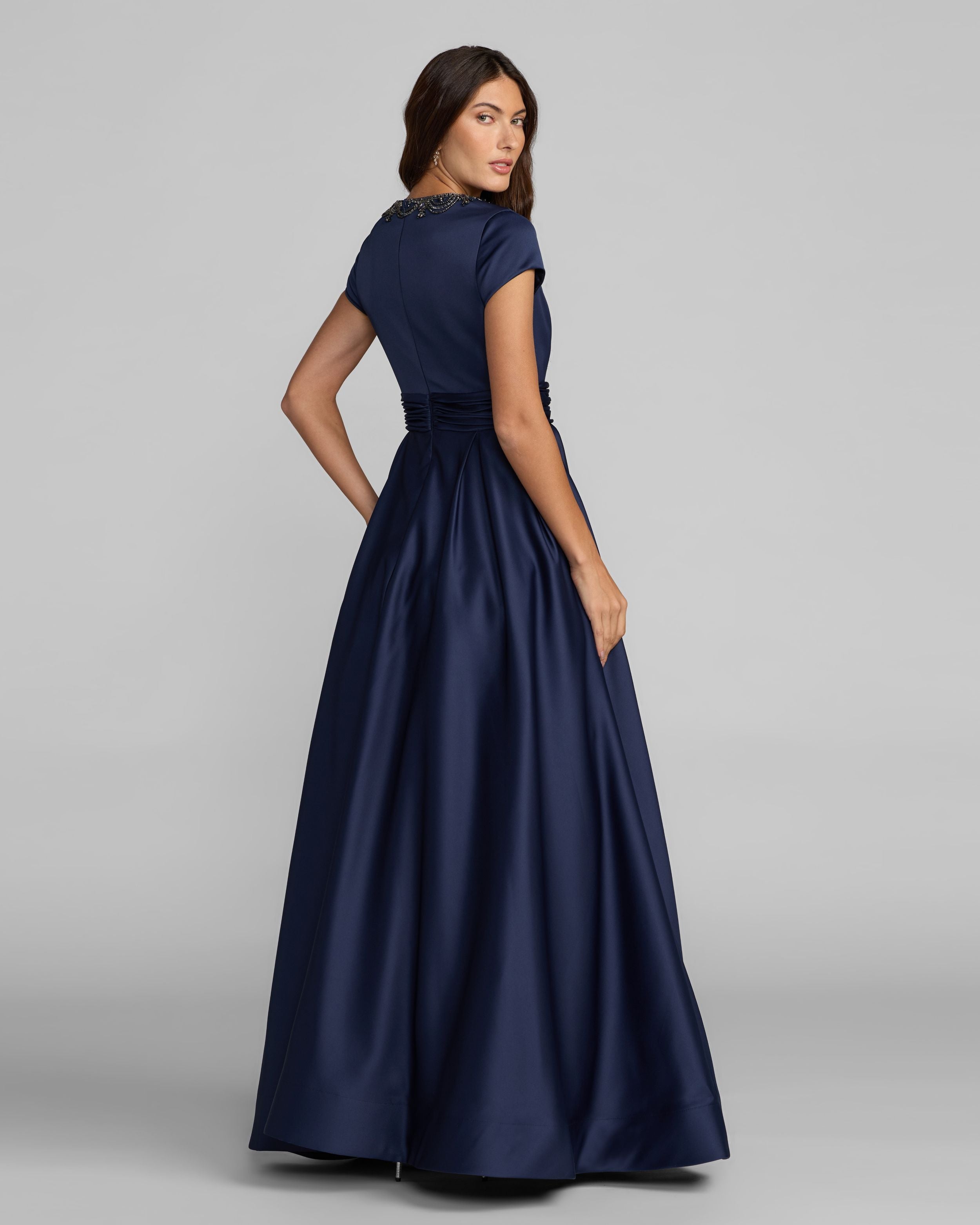 Navy Embellished Satin Cap Sleeve Ball Gown Ieena for Mac Duggal