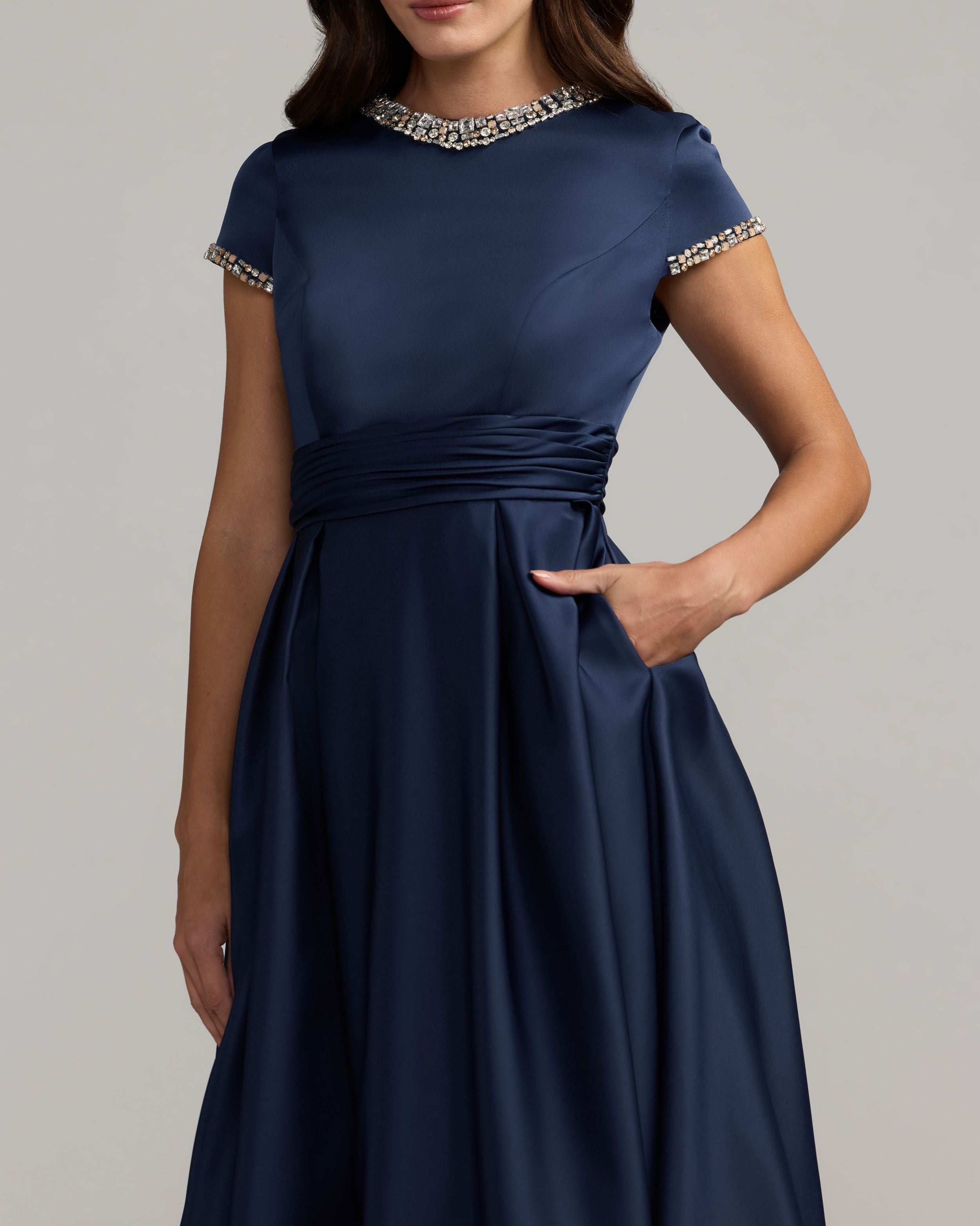 Navy Embellished Satin Cap Sleeve Ball Gown Mac Duggal