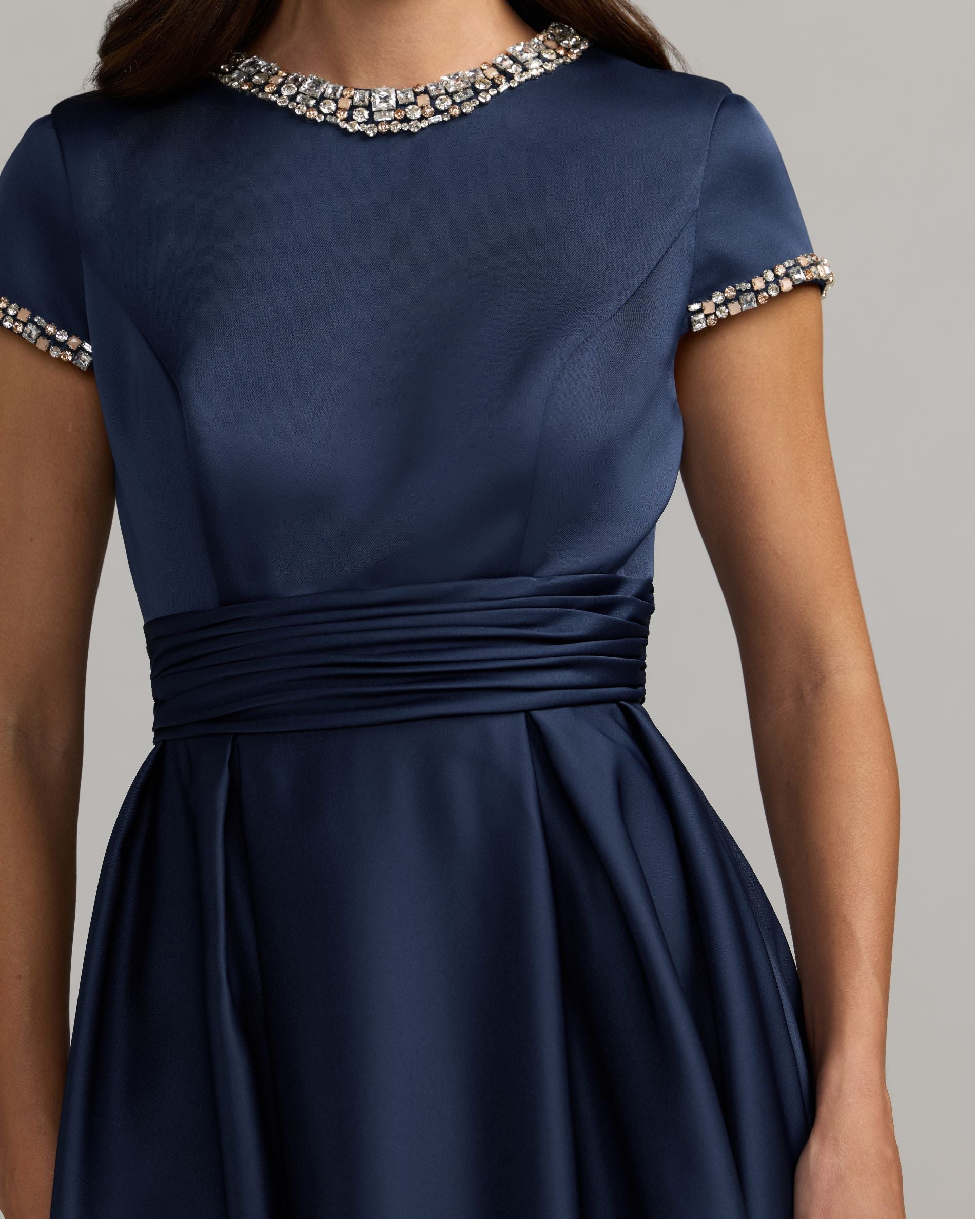 Navy Embellished Satin Cap Sleeve Ball Gown Mac Duggal