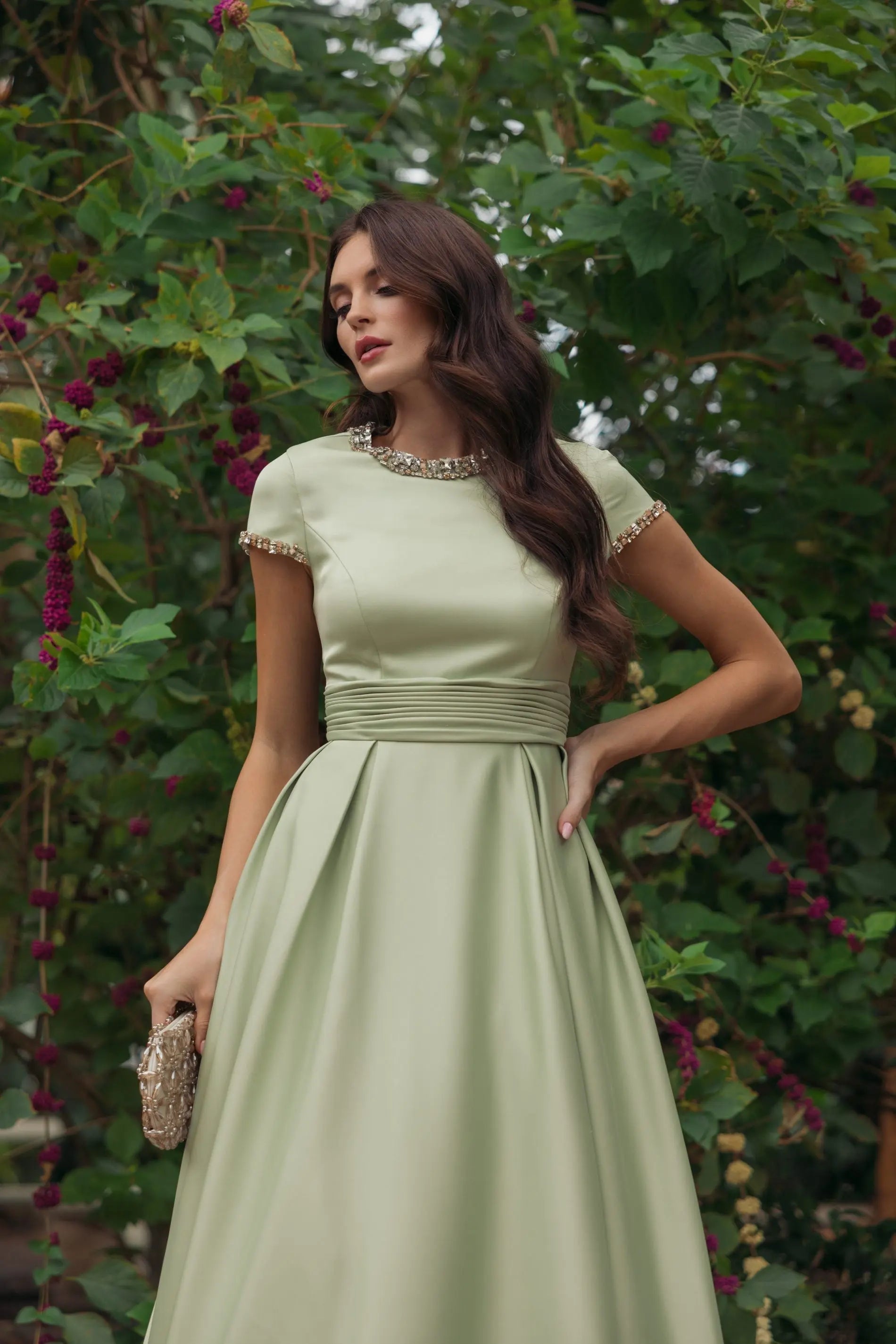 Green Embellished Satin Cap Sleeve Ball Gown