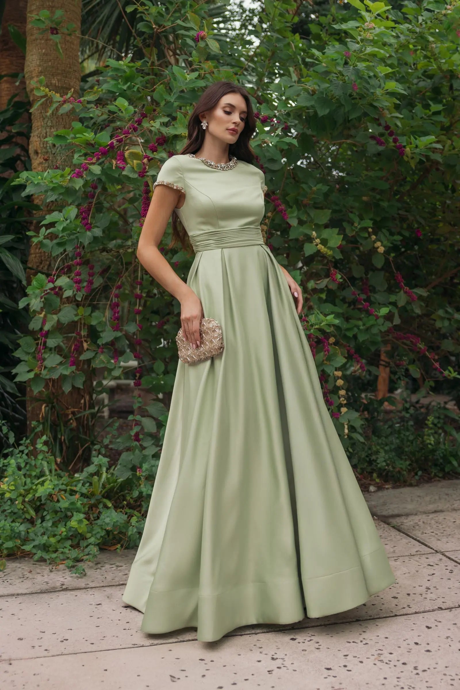 Green Embellished Satin Cap Sleeve Ball Gown