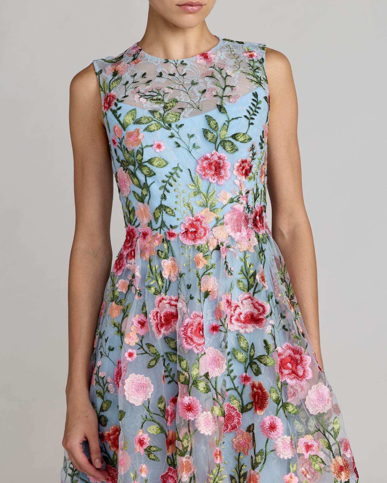 Blue Floral Embroidered Sleeveless A-Line Mini Dress Mac Duggal