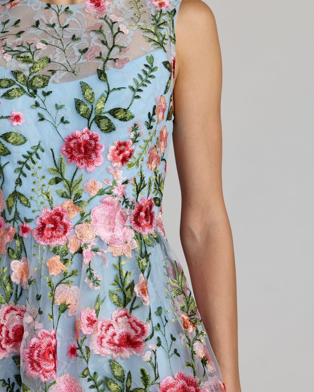 Blue Floral Embroidered Sleeveless A-Line Mini Dress Mac Duggal