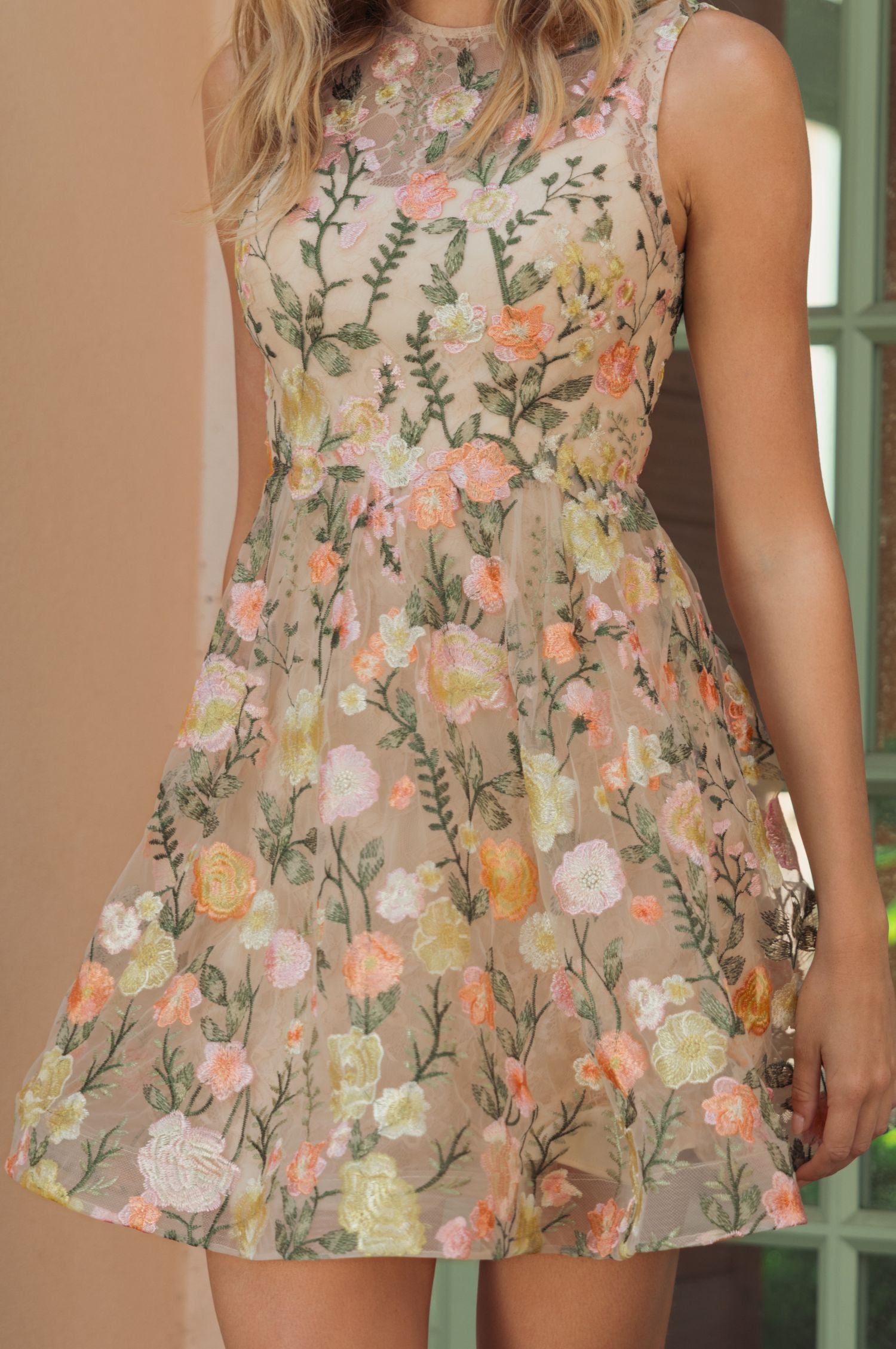 Yellow Floral Embroidered Sleeveless A-Line Mini Dress Mac Duggal