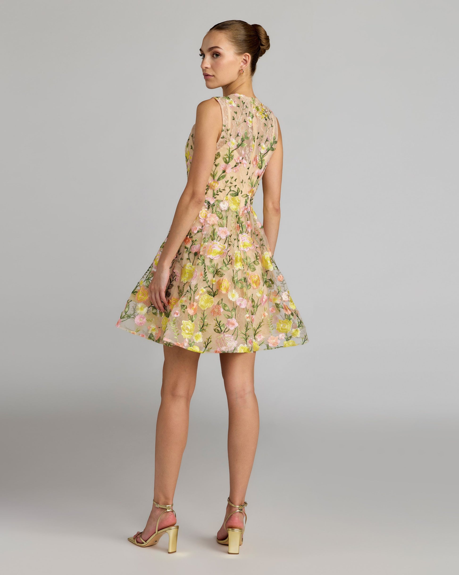 Yellow Floral Embroidered Sleeveless A-Line Mini Dress Mac Duggal