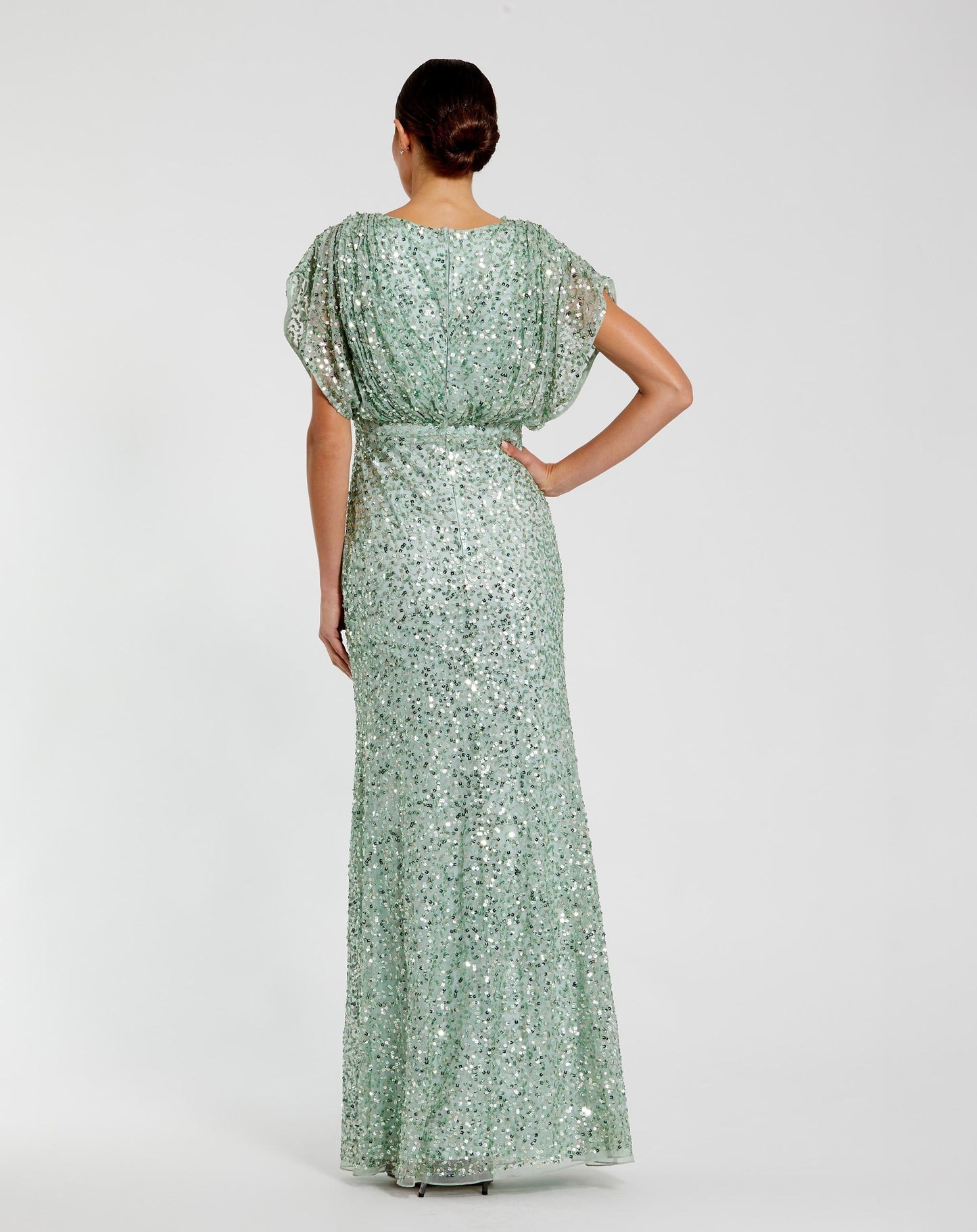 Green Draped Sleeve V Neck Gown