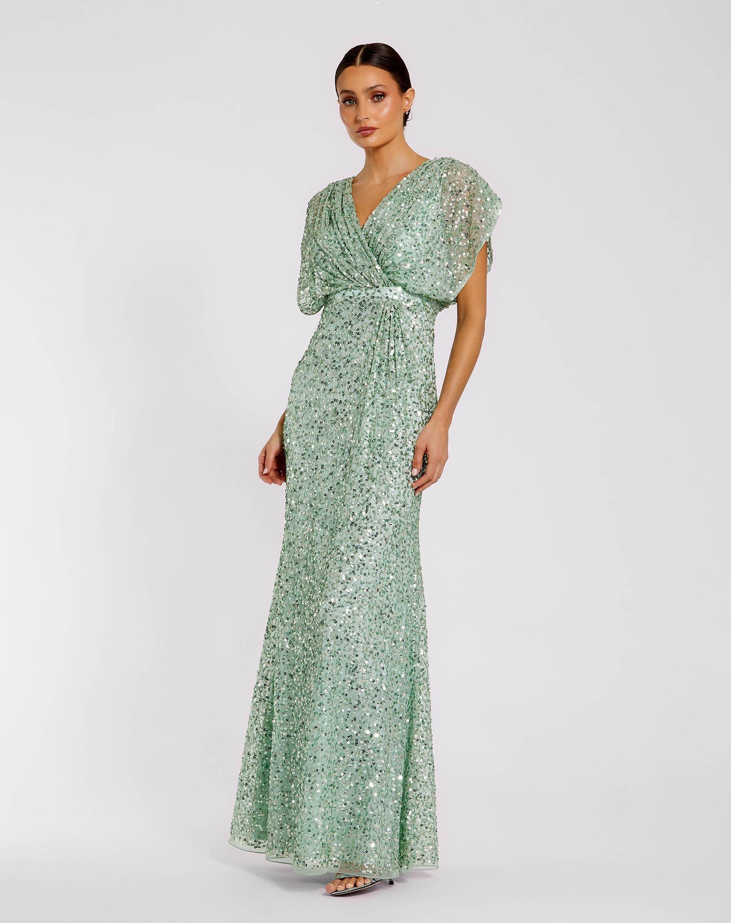 Green Draped Sleeve V Neck Gown