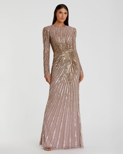 Light Brown Embellished Puff Sleeve Side Knot Gown