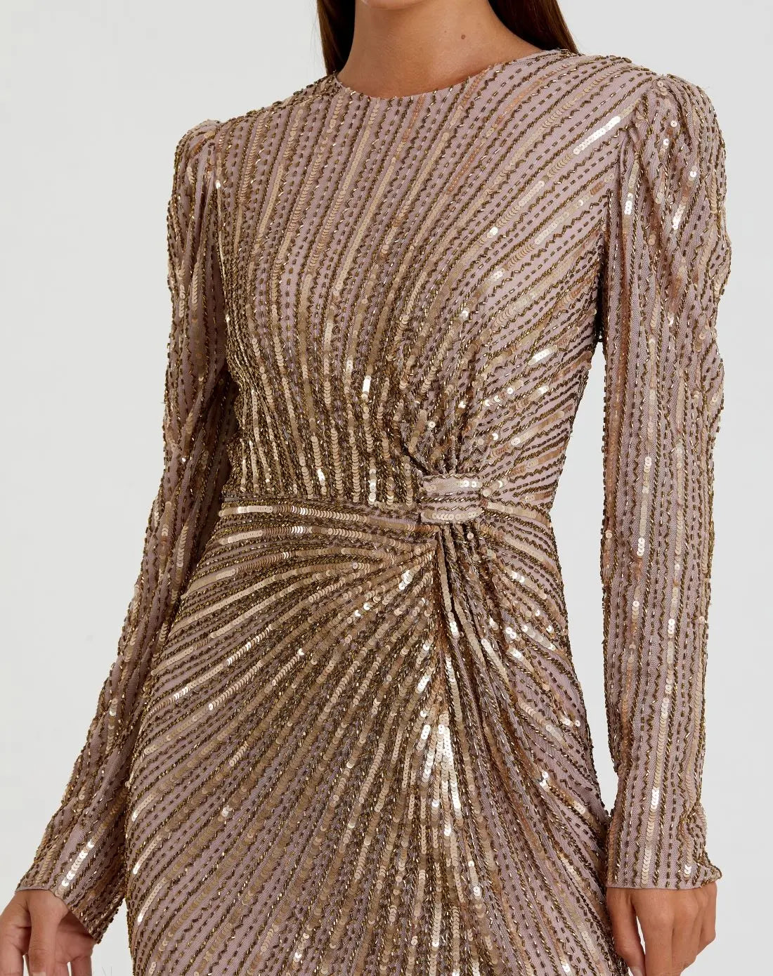 Brown Embellished Puff Sleeve Side Knot Gown - Mac Duggal Brown Embellished Puff Sleeve Side Knot Gown - Mac Duggal