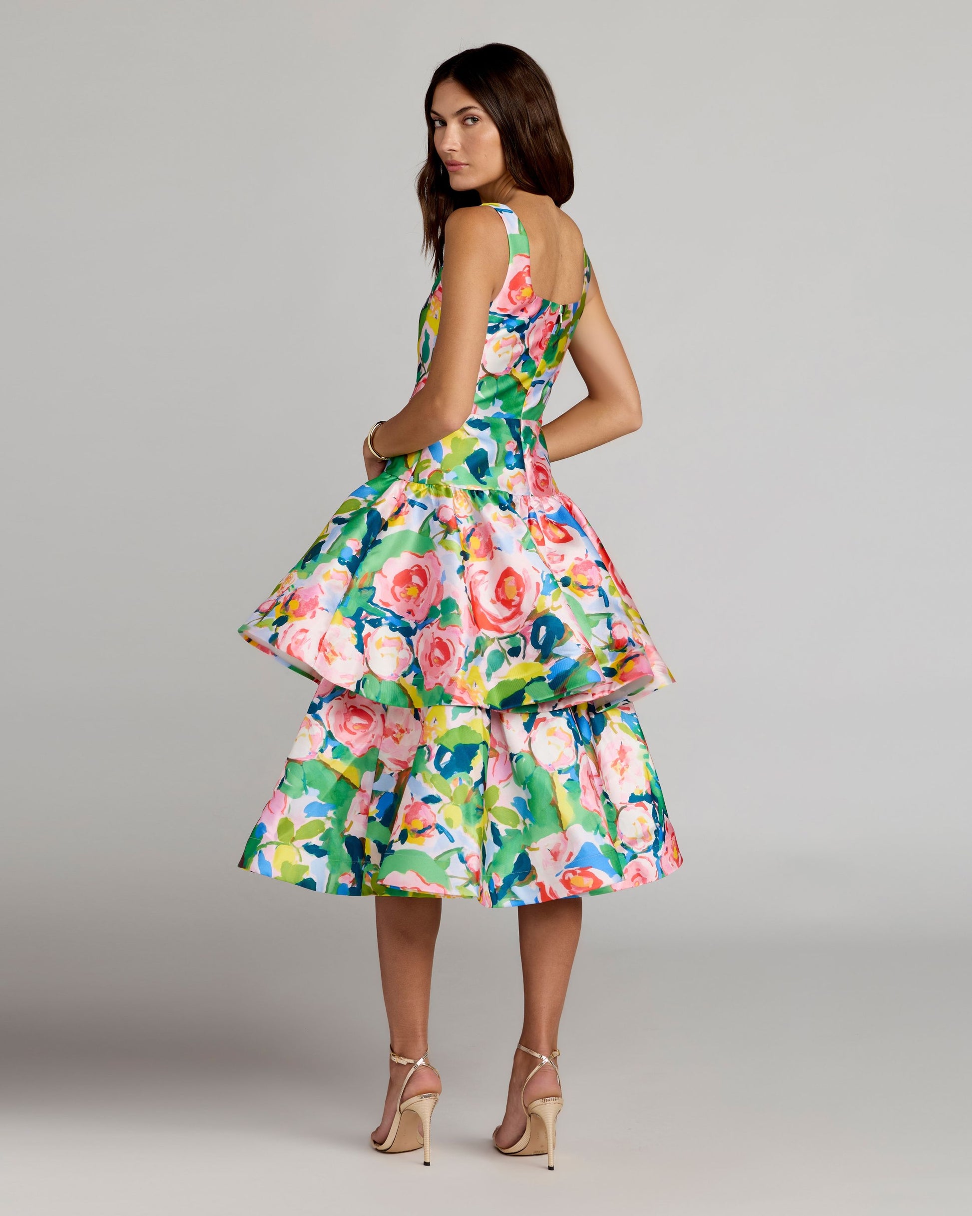 Multicolor Floral Tiered Square Neck Midi Dress Ieena for Mac Duggal