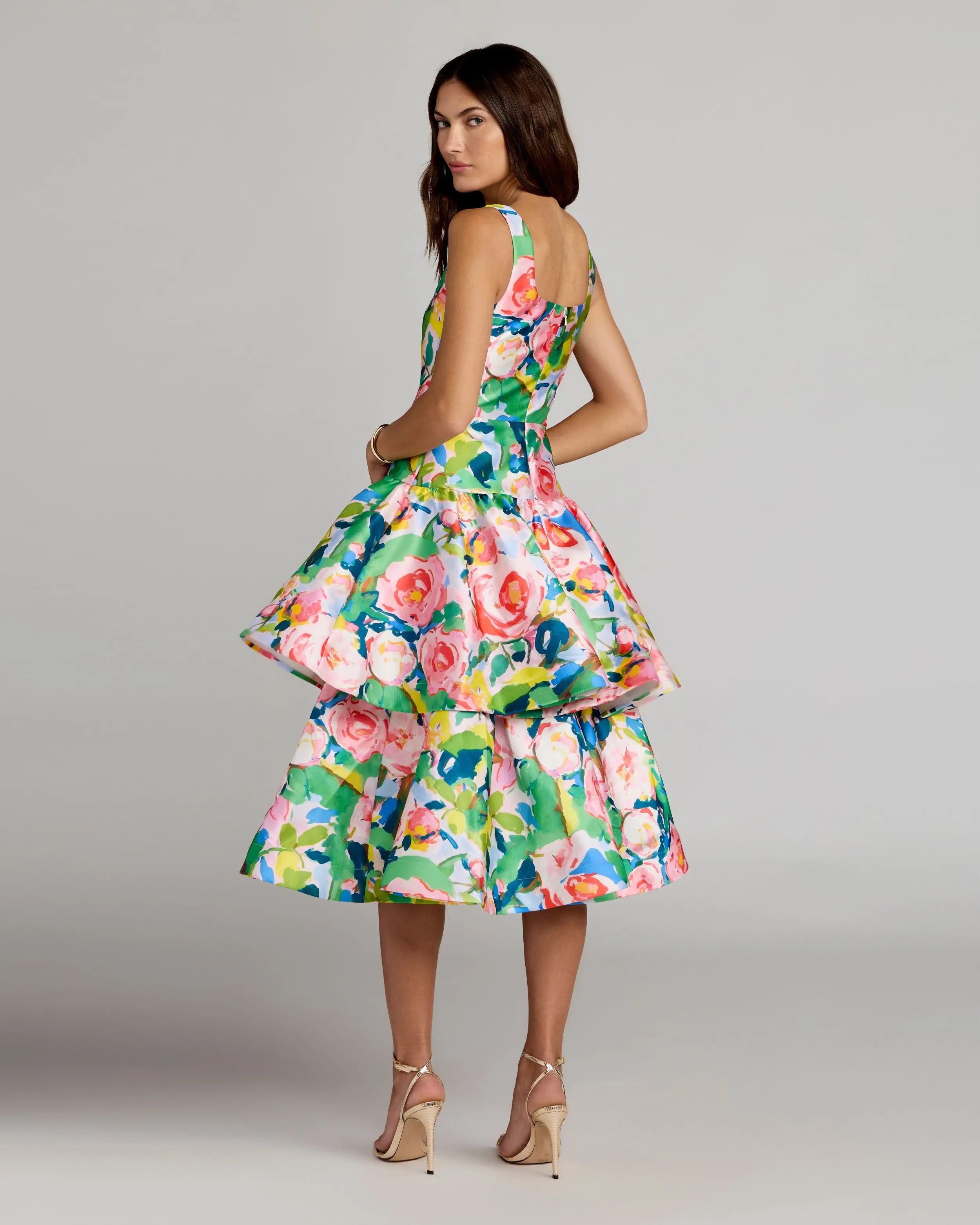 Multicolor Floral Tiered Square Neck Midi Dress Ieena for Mac Duggal