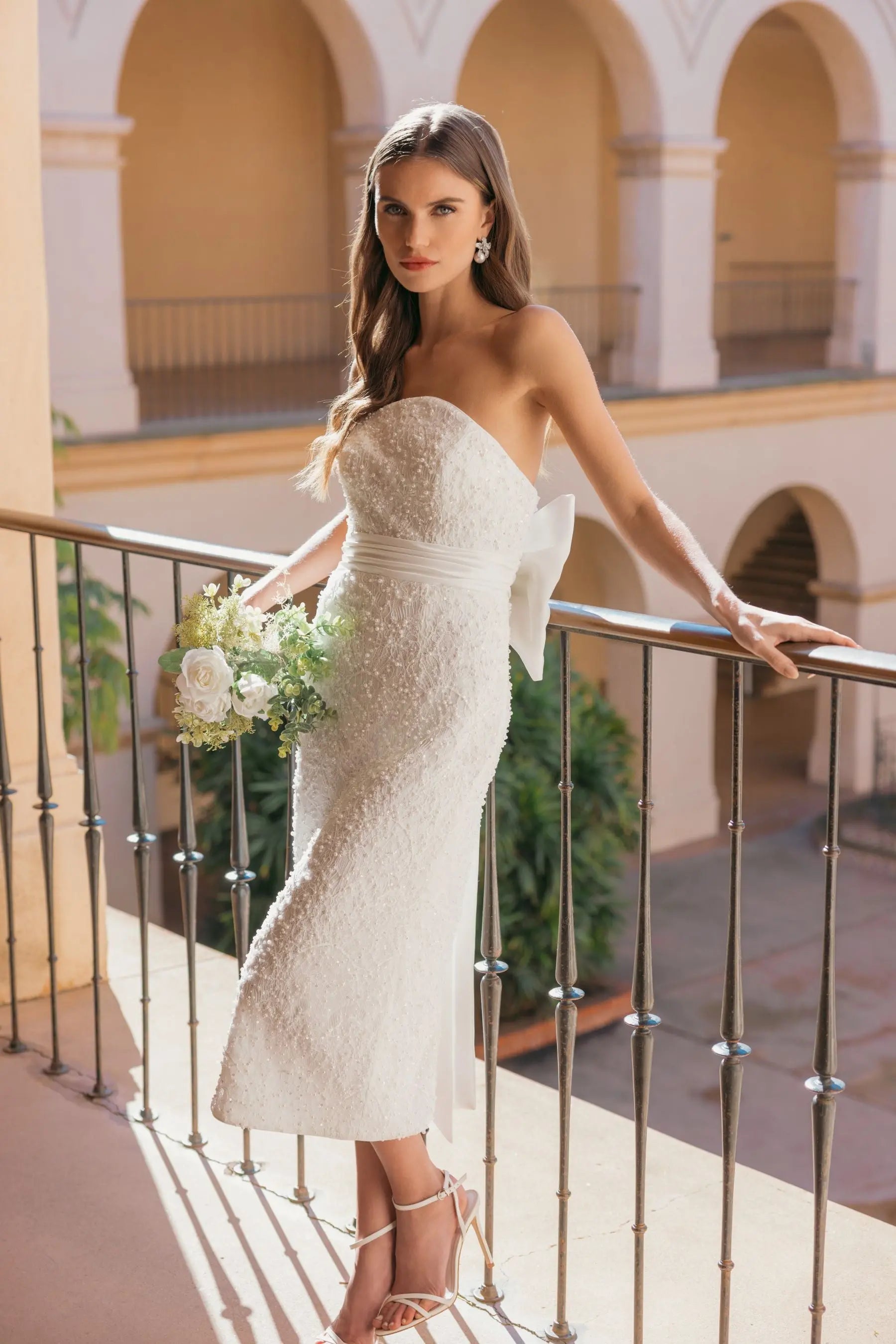 Ivory Strapless Beaded Bow Back Midi Dress | Mac Duggal Ivory Strapless Beaded Bow Back Midi Dress | Mac Duggal