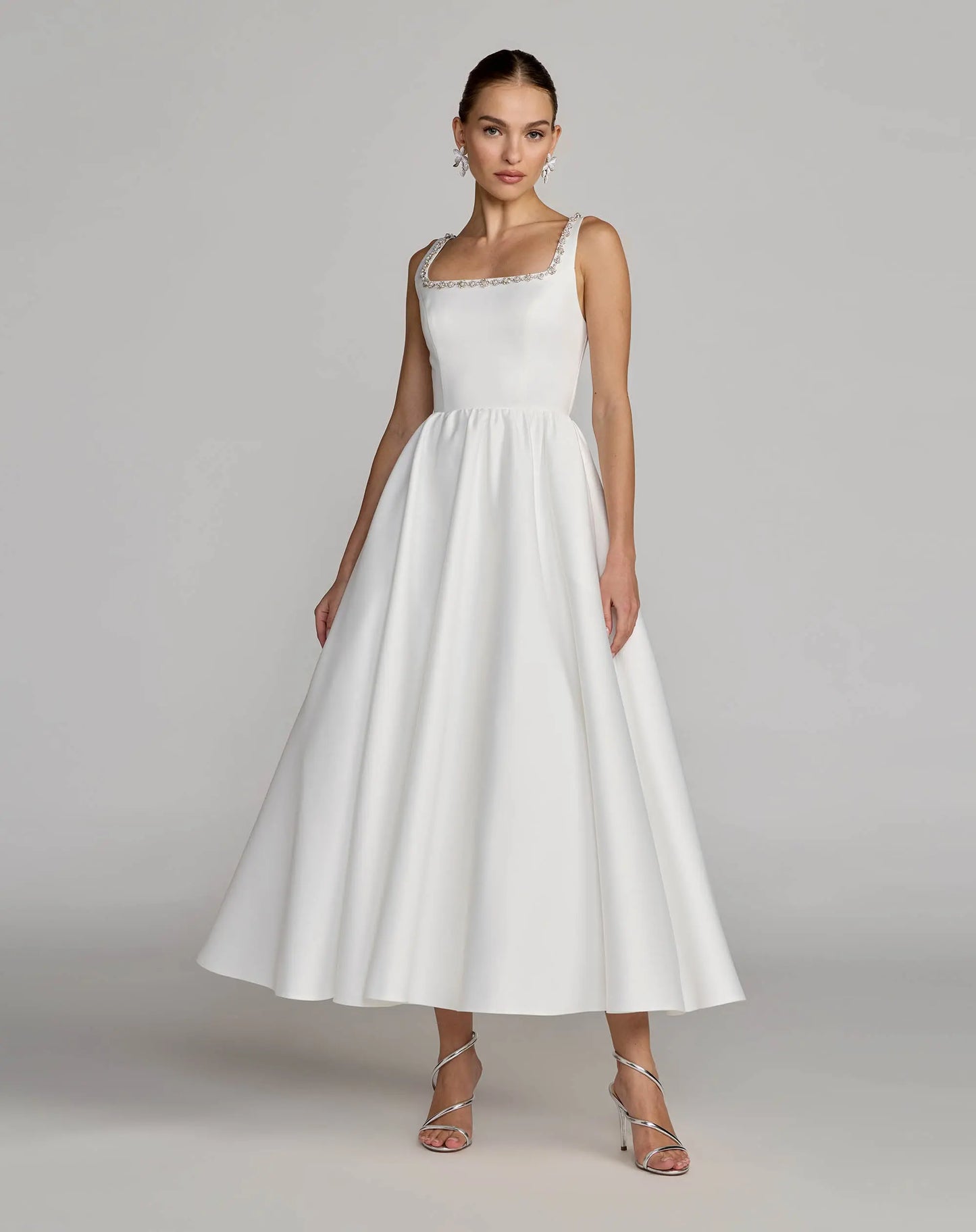 White Embellished Square Neck A-Line Midi Dress Ieena for Mac Duggal